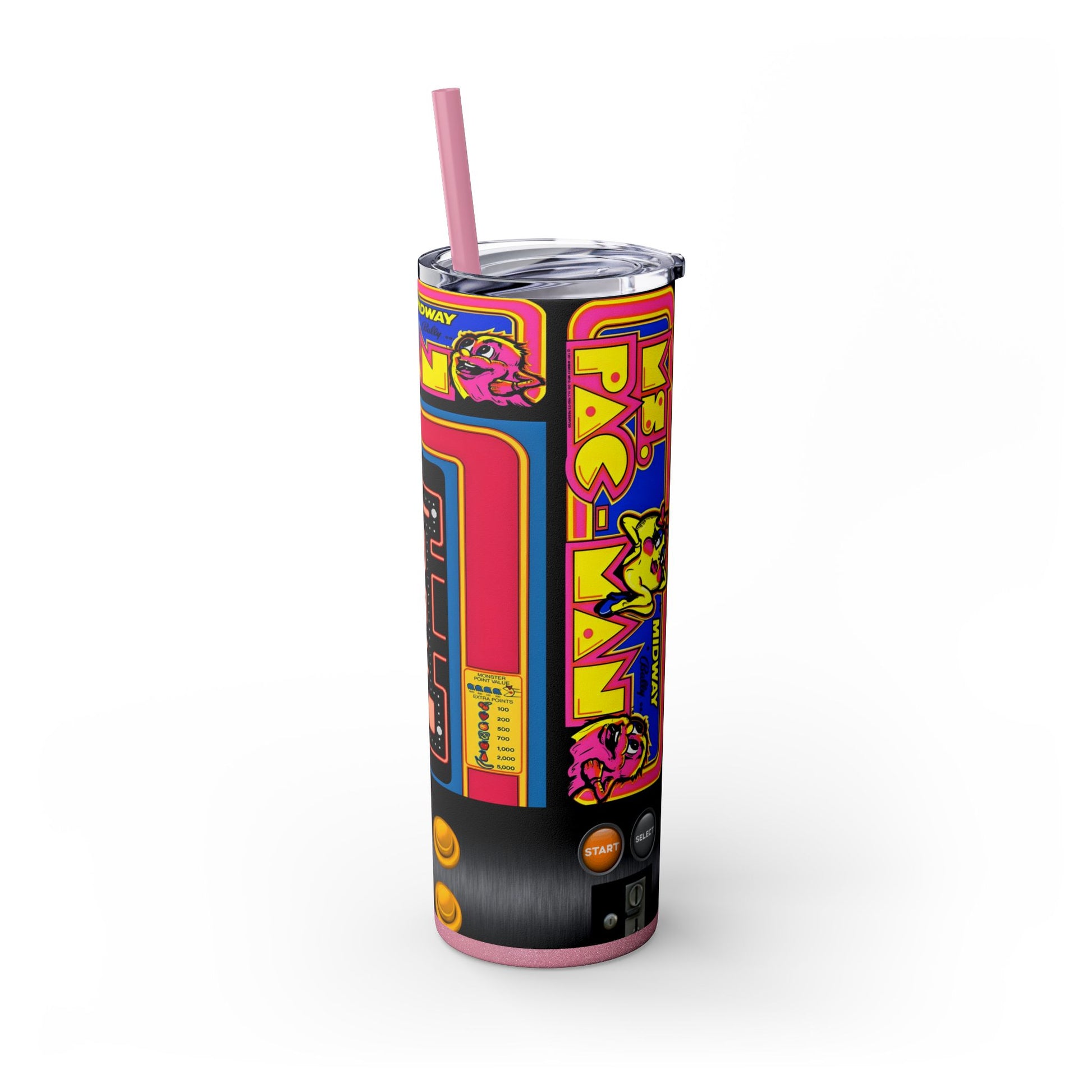 MS PACMAN ARCADE GAME - Skinny Tumbler with Straw, 20oz - Rock n Royalty Designs