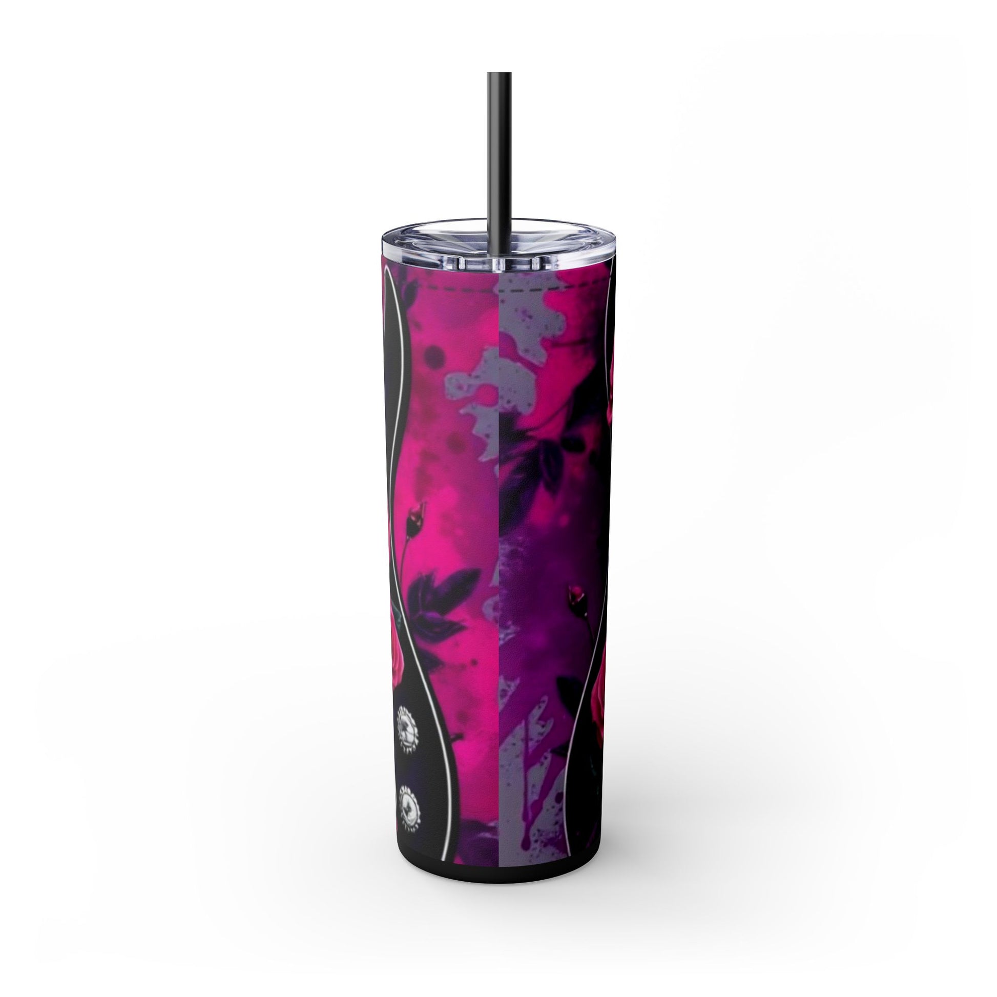 Series 4 of 4 - VIBRAINT Purple Guitar with Skulls and Pink Roses,Skinny Tumbler with Straw, 20oz - Rock n Royalty Designs