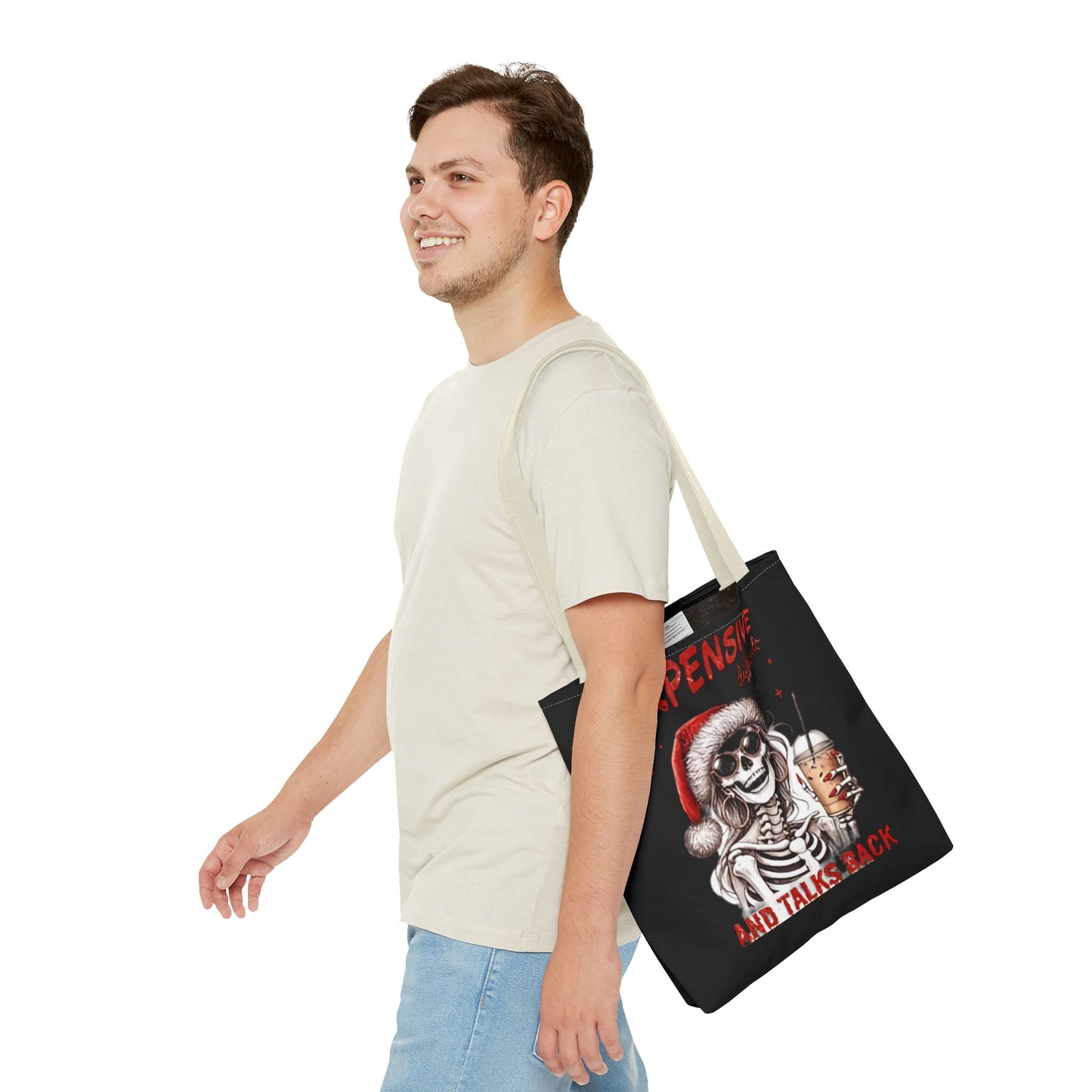 "Expensive and Talks Back: Sassy Skeleton Santa Tote Bag" Printify