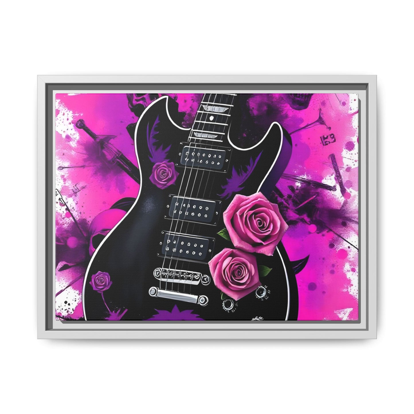 Canvas Art Print 1 of 4 - VIBRAINT Purple Guitar with Skulls and Pink Roses - Rock n Royalty Designs