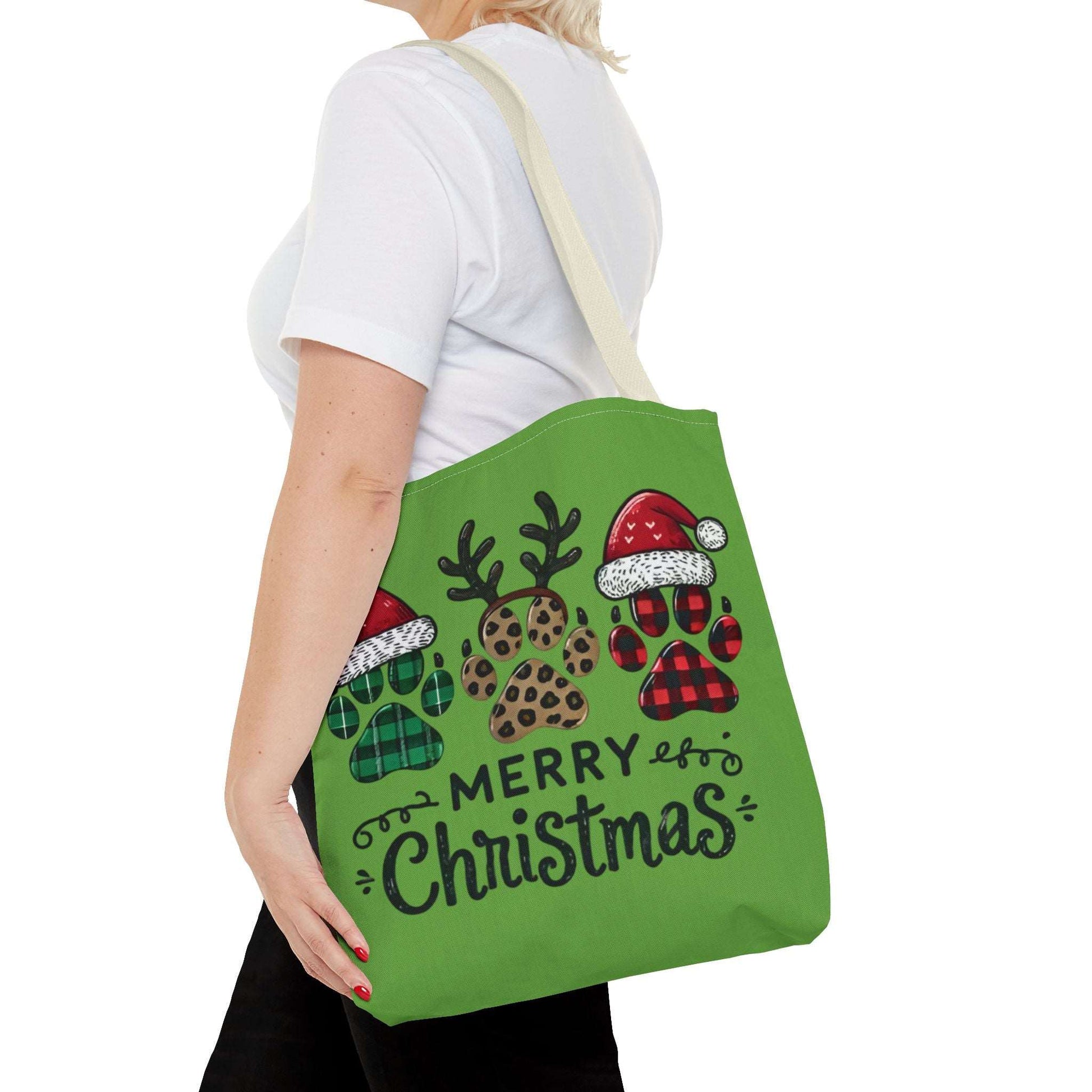 "Merry Doggie Christmas: Festive Paw Print Tote Bag for Dog Lovers"