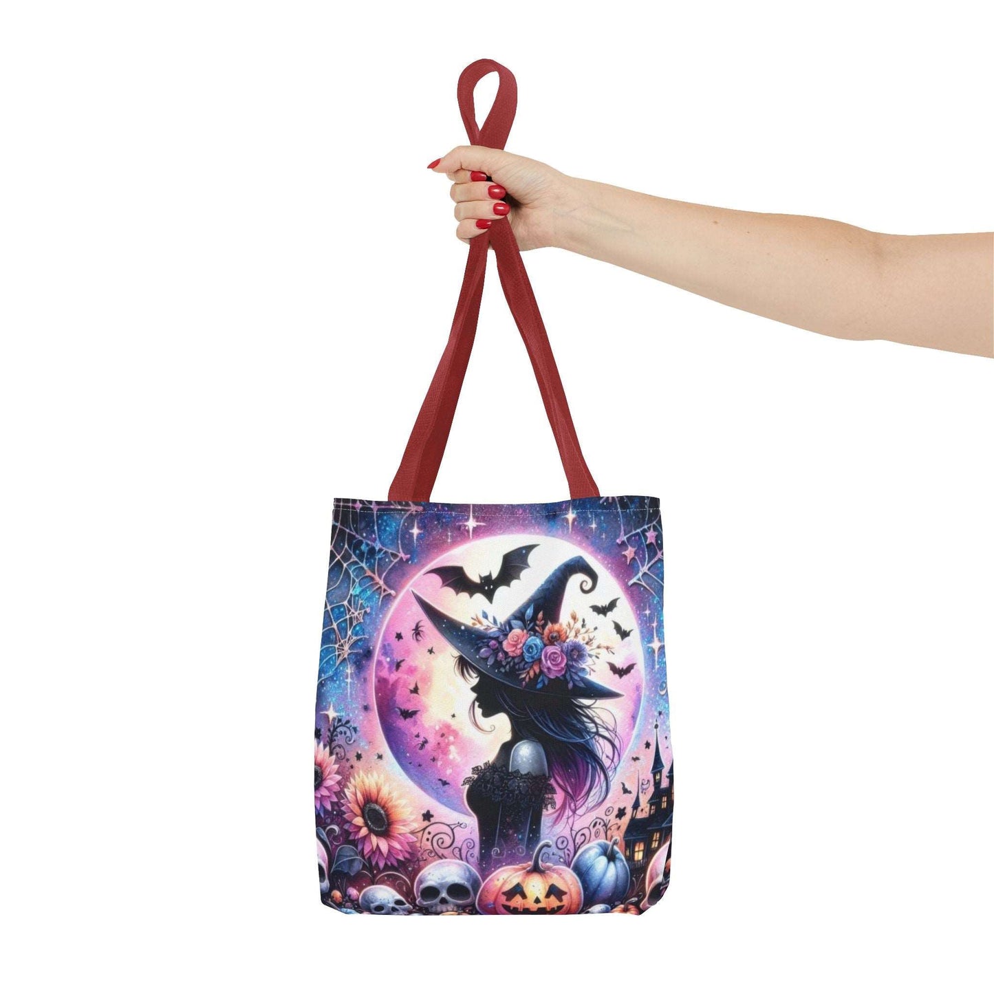 "Mystical Witch Tote Bag - Celestial Moon and Bat Design (AOP)"