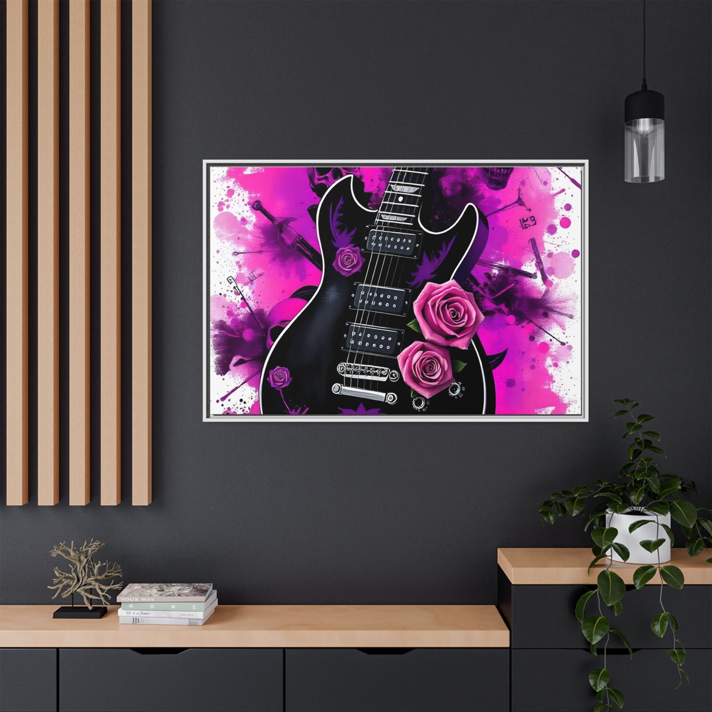 Canvas Art Print 1 of 4 - VIBRAINT Purple Guitar with Skulls and Pink Roses - Rock n Royalty Designs