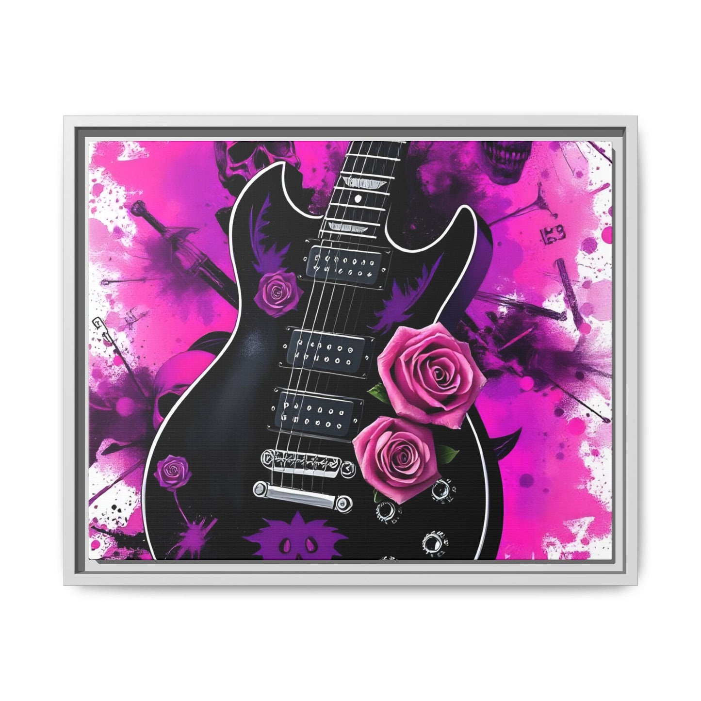 Canvas Art Print 1 of 4 - VIBRAINT Purple Guitar with Skulls and Pink Roses - Rock n Royalty Designs