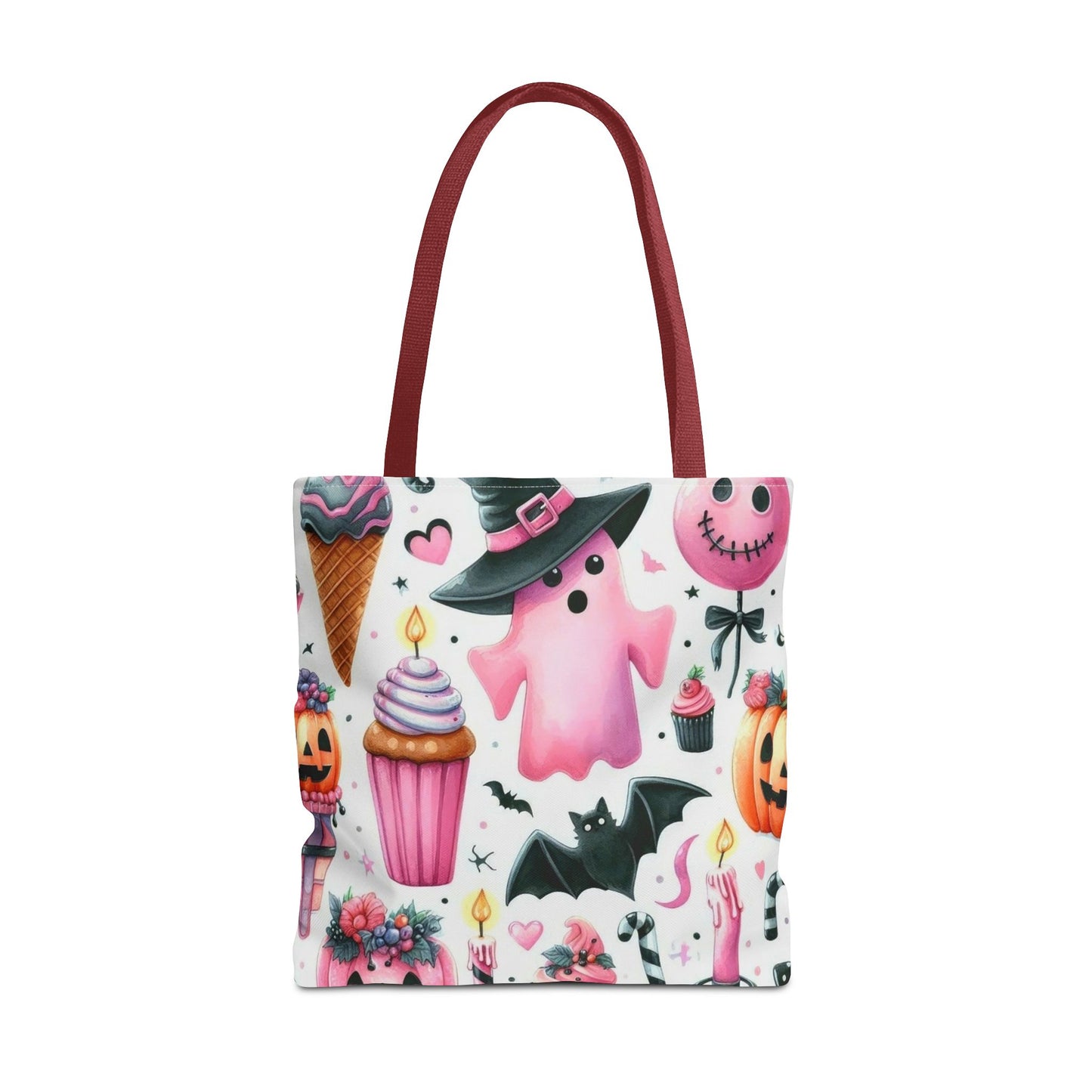 "Cute Halloween Tote Bag - Pink Ghost & Spooky Treats Design" Print Tote Bag Printify