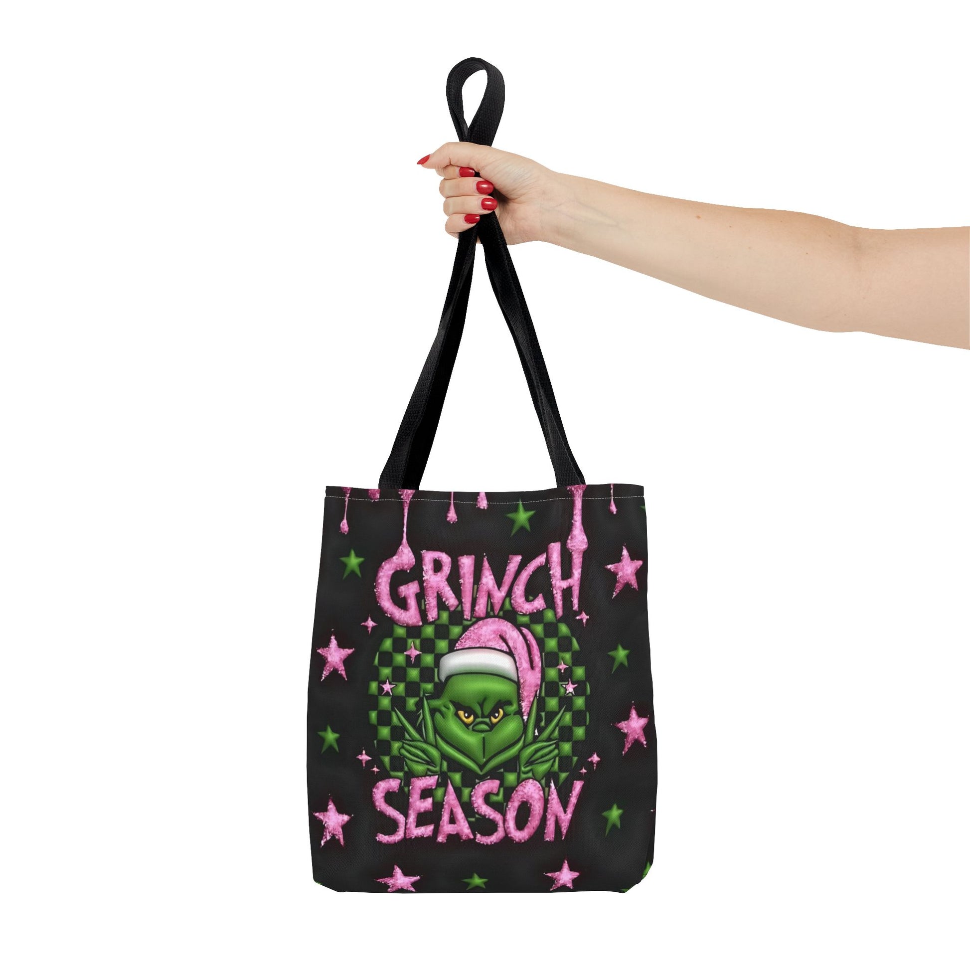 "Grinch Season Tote Bag - Christmas Holiday Shopping Handbag with Pink and Green Design" Printify