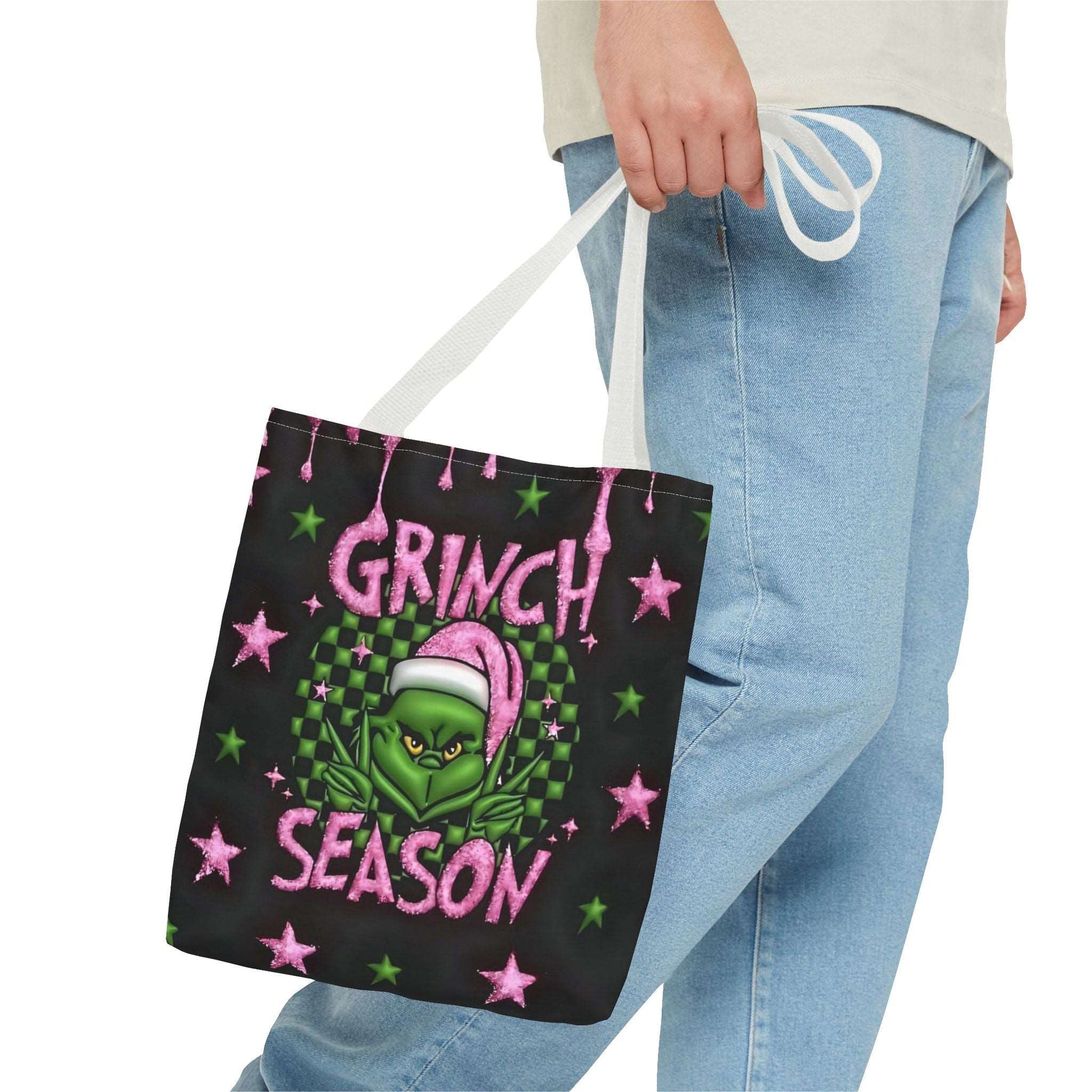 "Grinch Season Tote Bag - Christmas Holiday Shopping Handbag with Pink and Green Design"