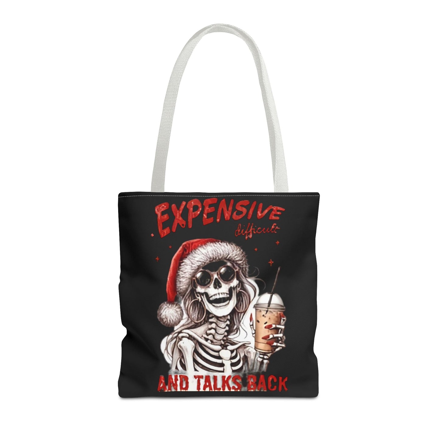 "Expensive and Talks Back: Sassy Skeleton Santa Tote Bag" Printify