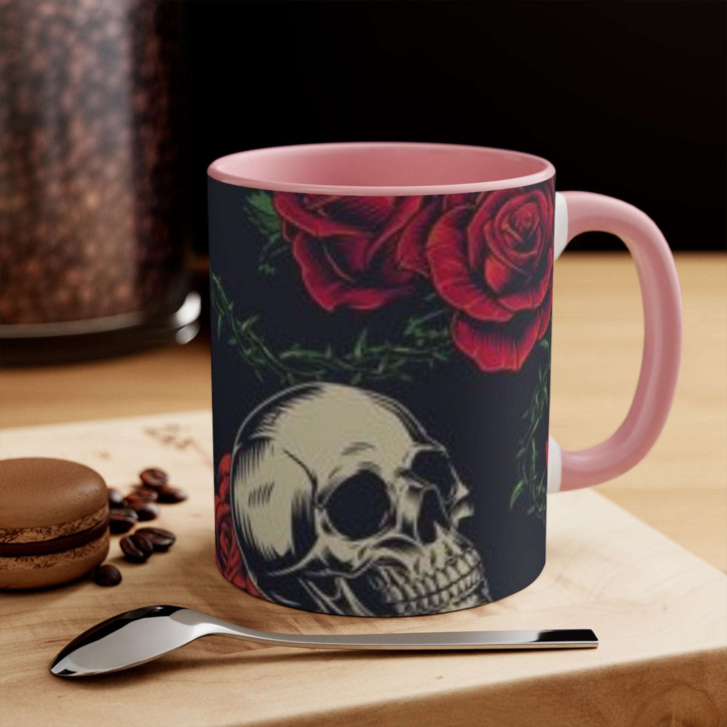 "Gothic Skull and Roses Coffee Mug - Red Interior"