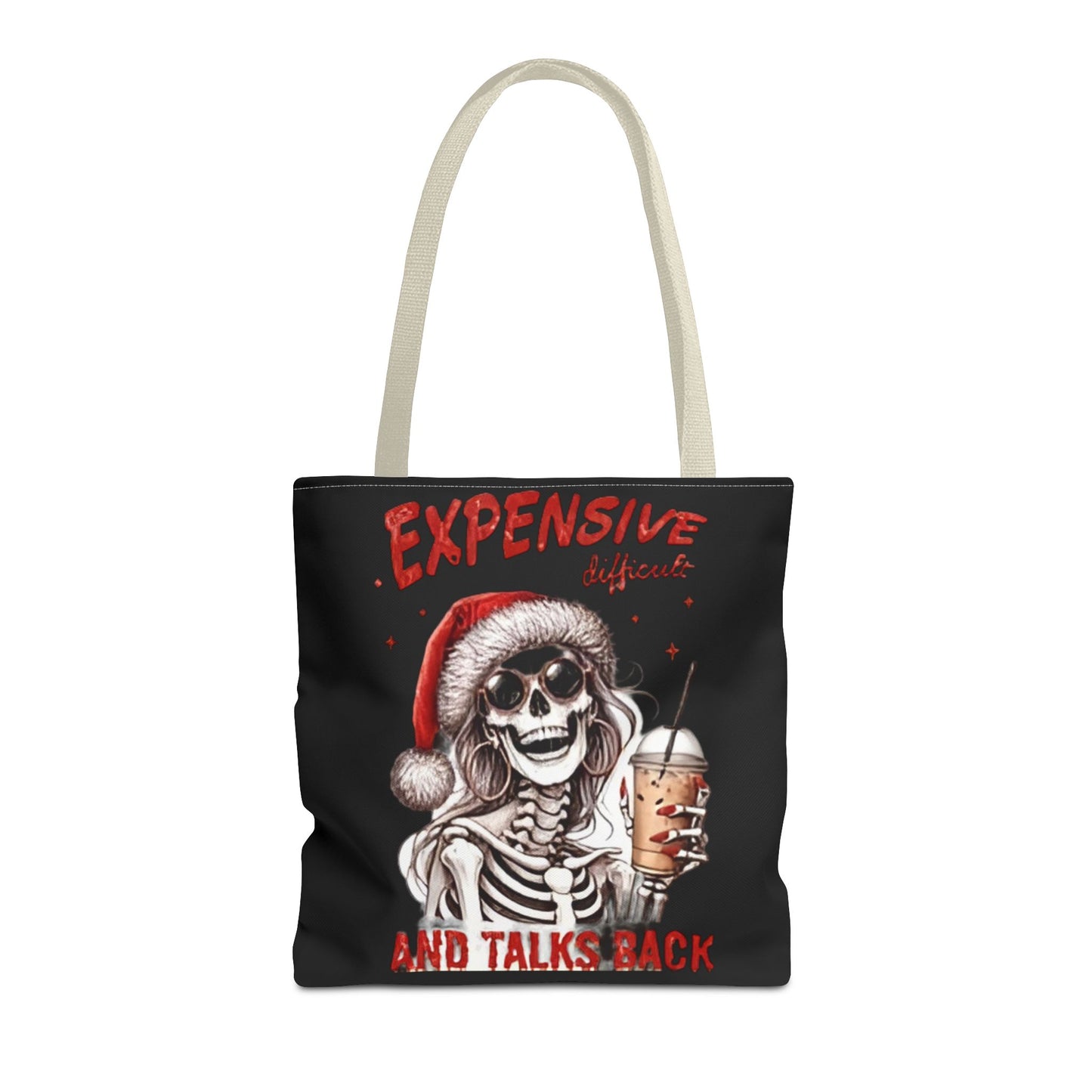 "Expensive and Talks Back: Sassy Skeleton Santa Tote Bag" Printify