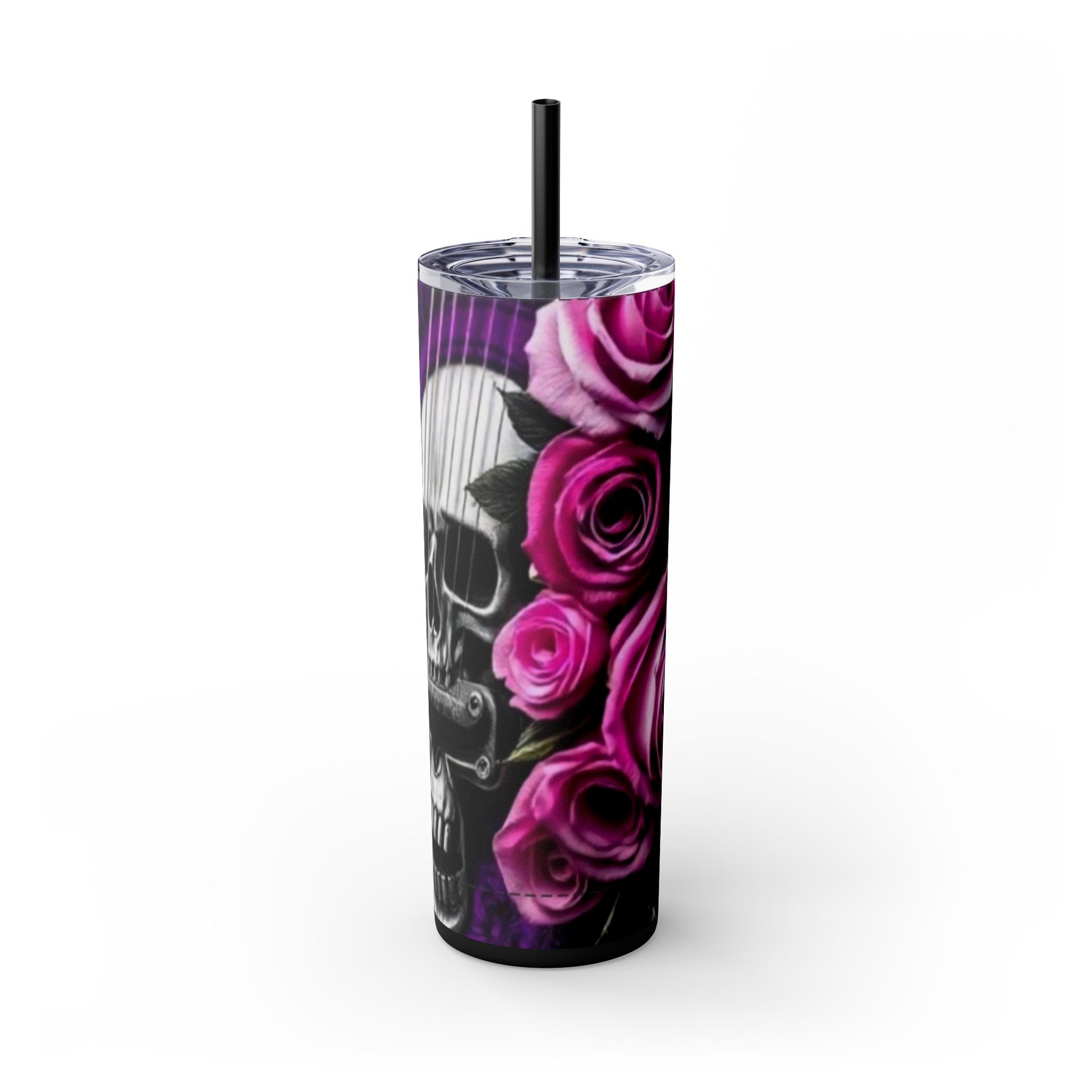 Series 3 of 4 - VIBRAINT Purple Guitar with Skulls and Pink Roses,Skinny Tumbler with Straw, 20oz - Rock n Royalty Designs