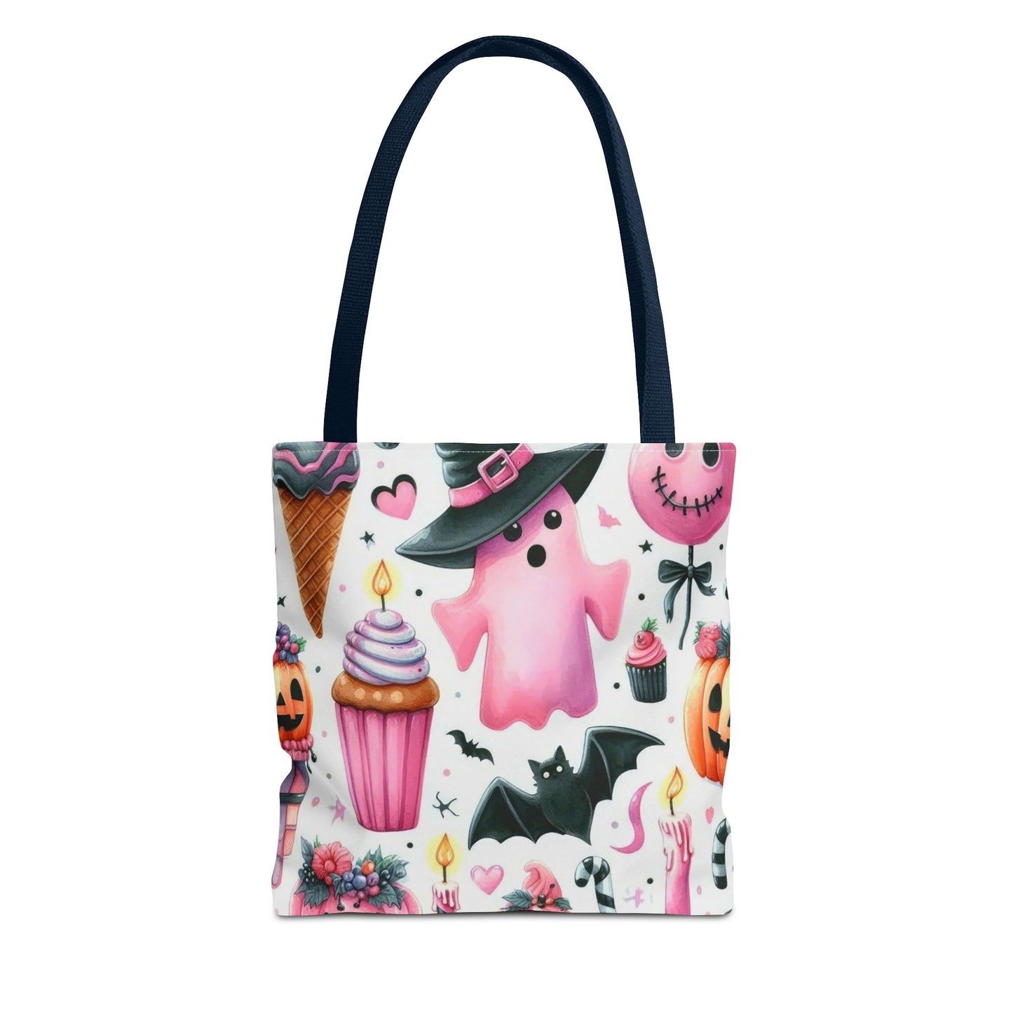 "Cute Halloween Tote Bag - Pink Ghost & Spooky Treats Design" Print Tote Bag Printify