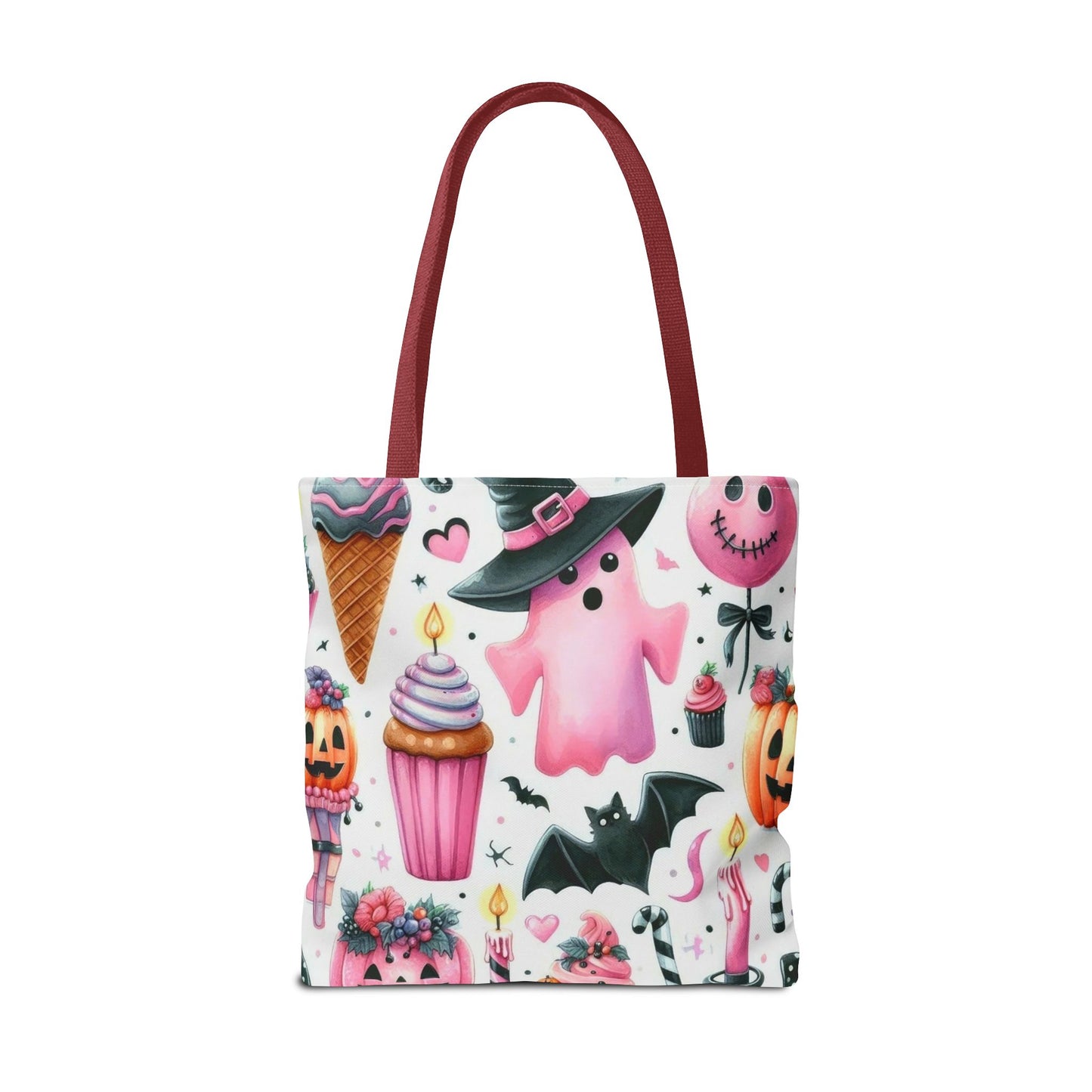 "Cute Halloween Tote Bag - Pink Ghost & Spooky Treats Design" Print Tote Bag Printify