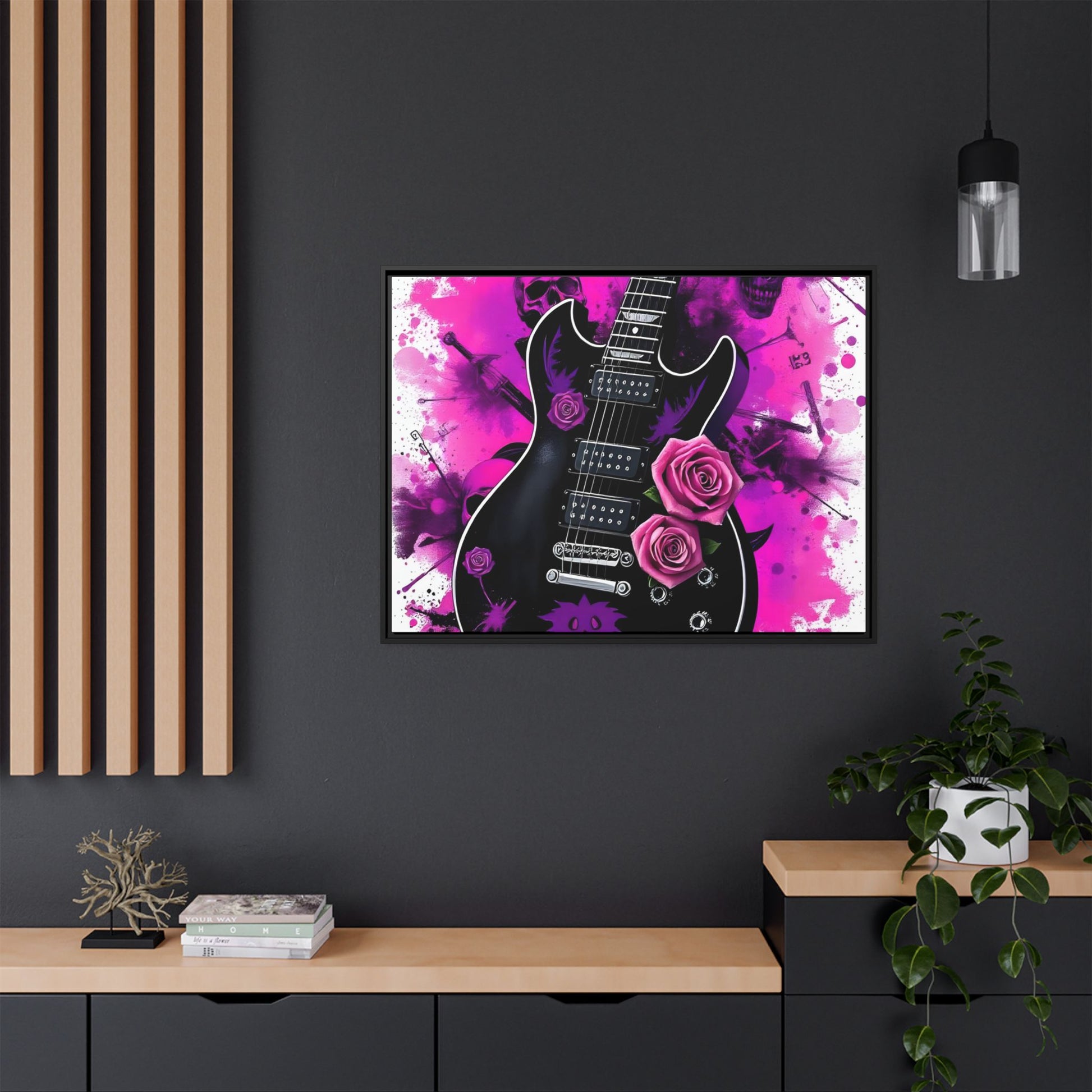 Canvas Art Print 1 of 4 - VIBRAINT Purple Guitar with Skulls and Pink Roses - Rock n Royalty Designs