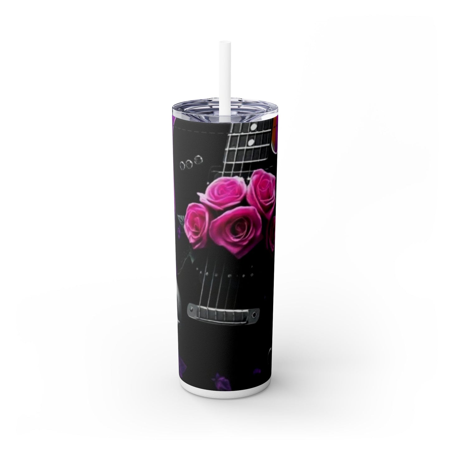 Series 2 of 4 - VIBRAINT Purple Guitar with Skulls and Pink Roses,Skinny Tumbler with Straw, 20oz - Rock n Royalty Designs