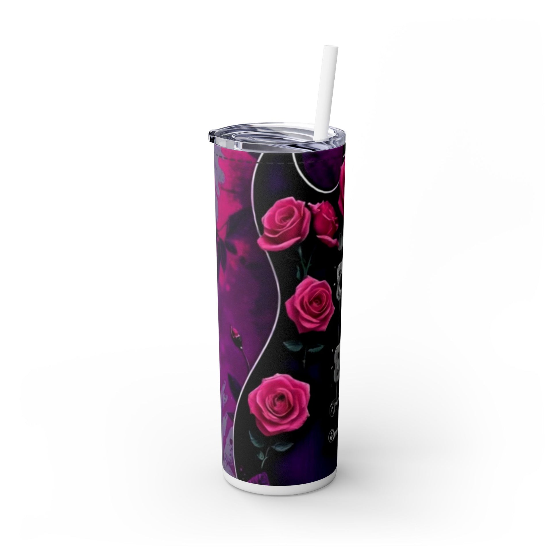 Series 4 of 4 - VIBRAINT Purple Guitar with Skulls and Pink Roses,Skinny Tumbler with Straw, 20oz - Rock n Royalty Designs