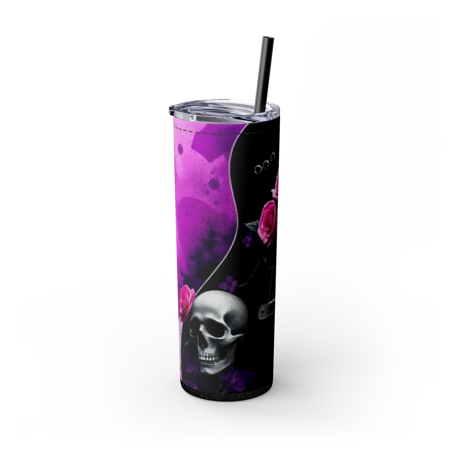 Series 2 of 4 - VIBRAINT Purple Guitar with Skulls and Pink Roses,Skinny Tumbler with Straw, 20oz - Rock n Royalty Designs