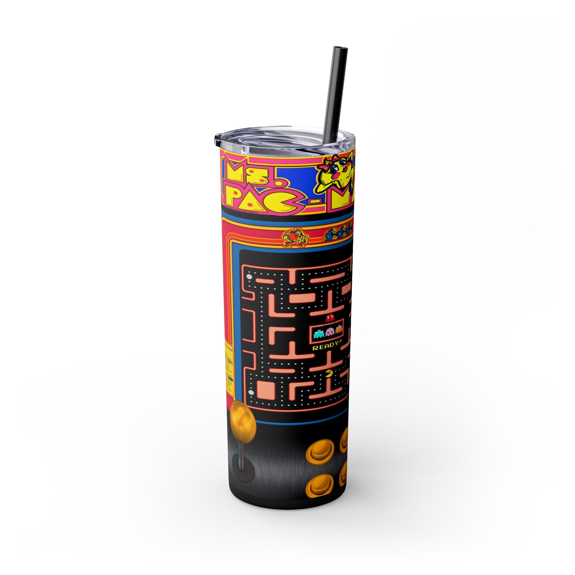 MS PACMAN ARCADE GAME - Skinny Tumbler with Straw, 20oz - Rock n Royalty Designs