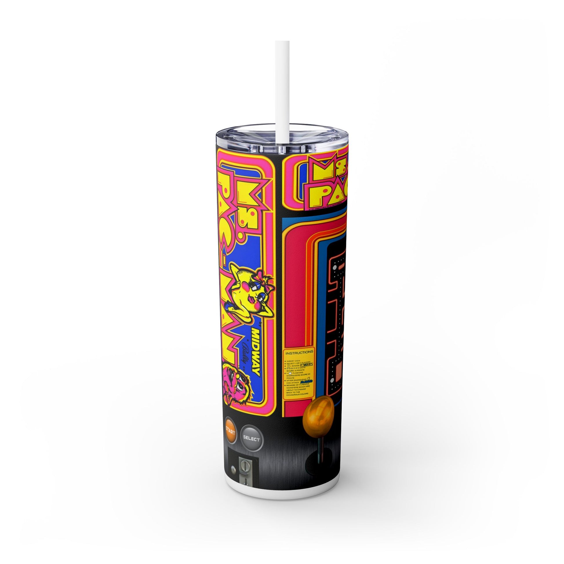 MS PACMAN ARCADE GAME - Skinny Tumbler with Straw, 20oz - Rock n Royalty Designs