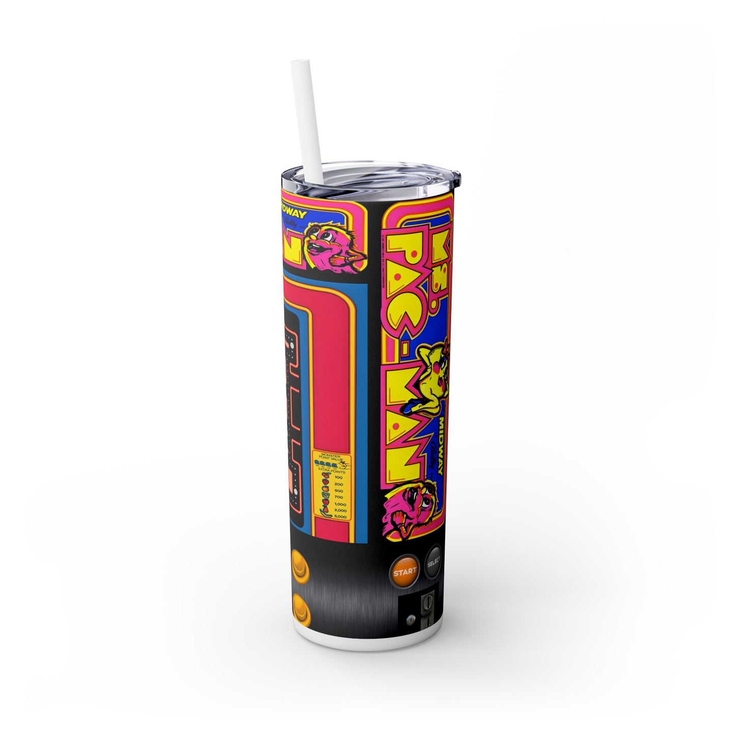 MS PACMAN ARCADE GAME - Skinny Tumbler with Straw, 20oz - Rock n Royalty Designs