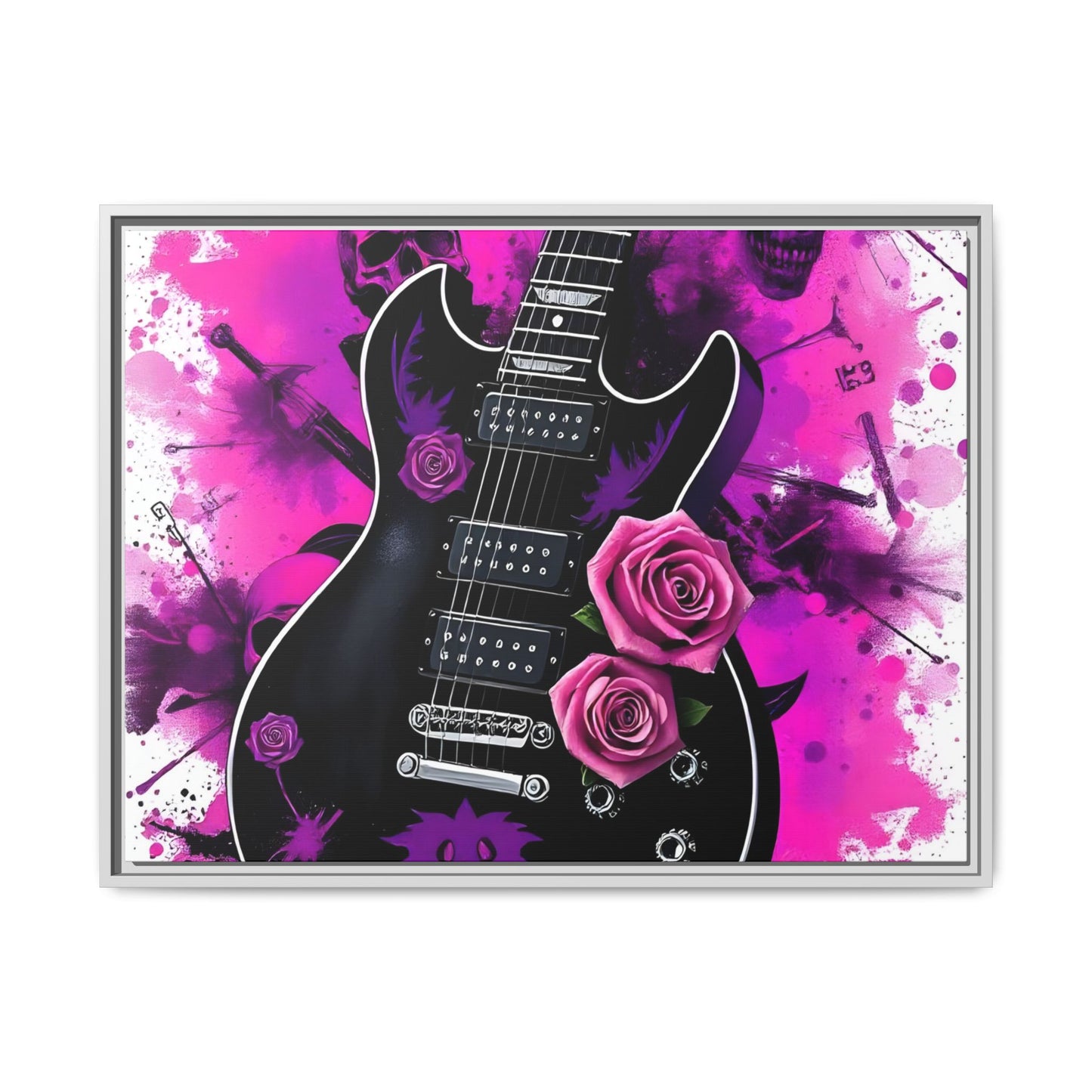 Canvas Art Print 1 of 4 - VIBRAINT Purple Guitar with Skulls and Pink Roses - Rock n Royalty Designs