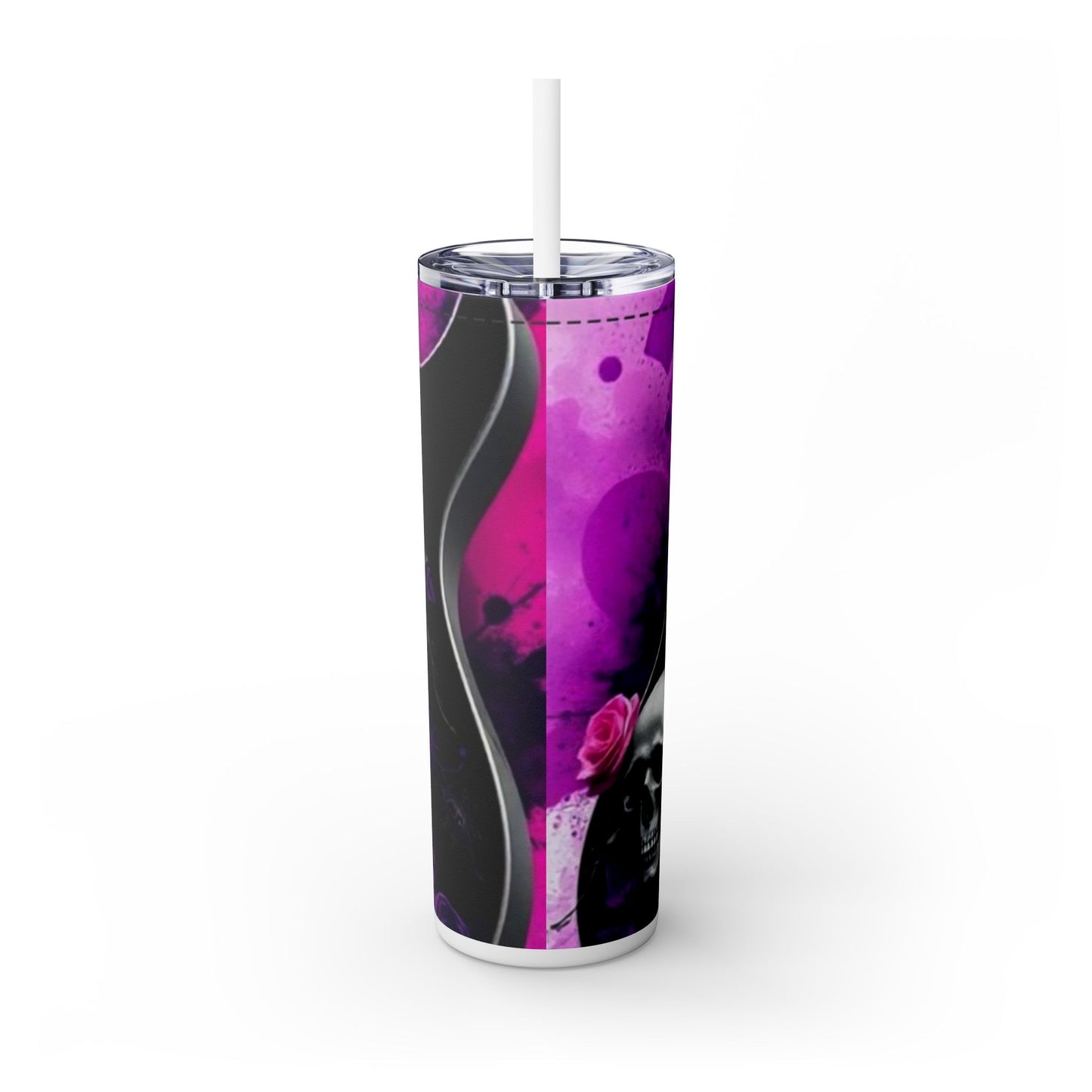 Series 2 of 4 - VIBRAINT Purple Guitar with Skulls and Pink Roses,Skinny Tumbler with Straw, 20oz - Rock n Royalty Designs