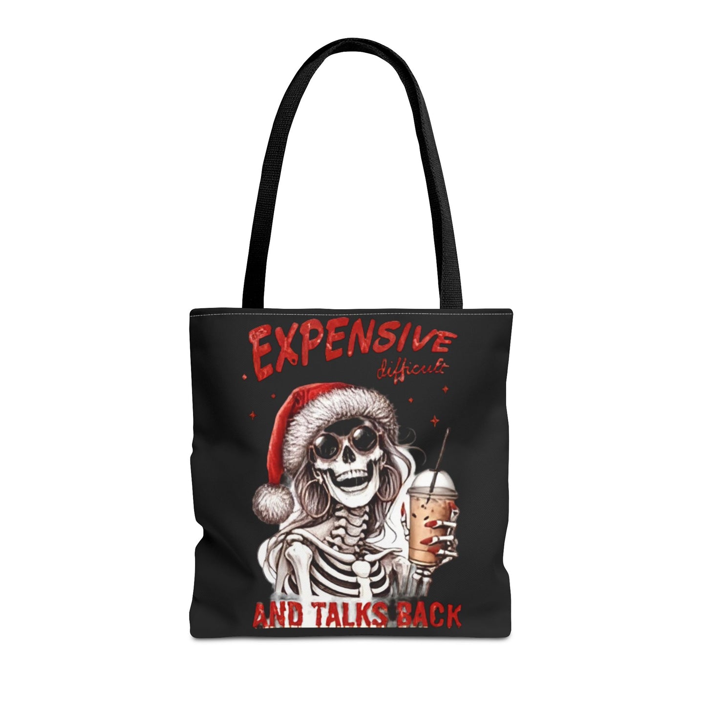 "Expensive and Talks Back: Sassy Skeleton Santa Tote Bag" Printify