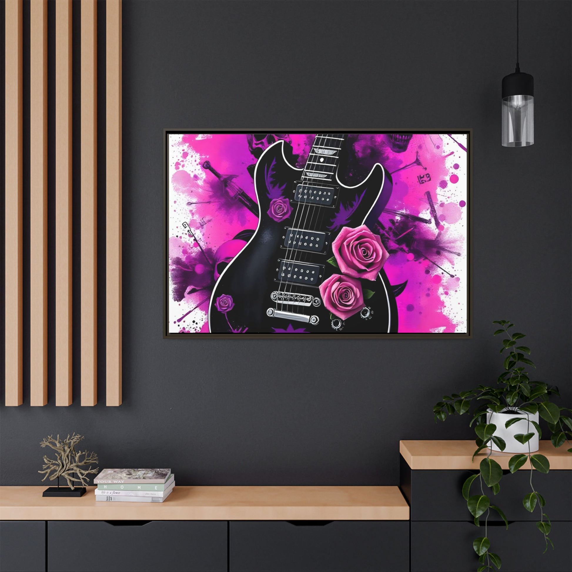 Canvas Art Print 1 of 4 - VIBRAINT Purple Guitar with Skulls and Pink Roses - Rock n Royalty Designs