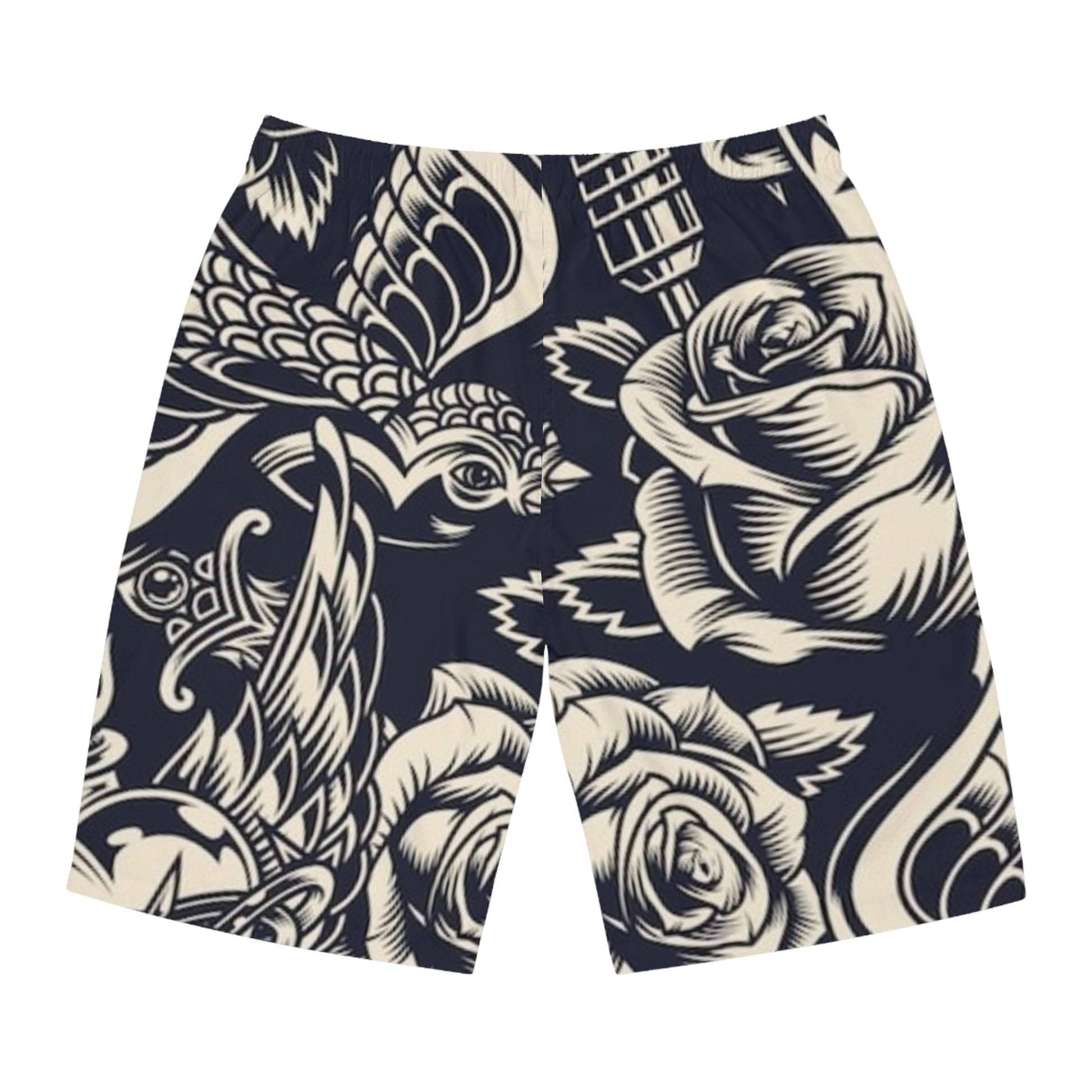 TATTOO GUN DESIGN FRONT BLK BACK - Men's Board Shorts (AOP) - Rock n Royalty Designs