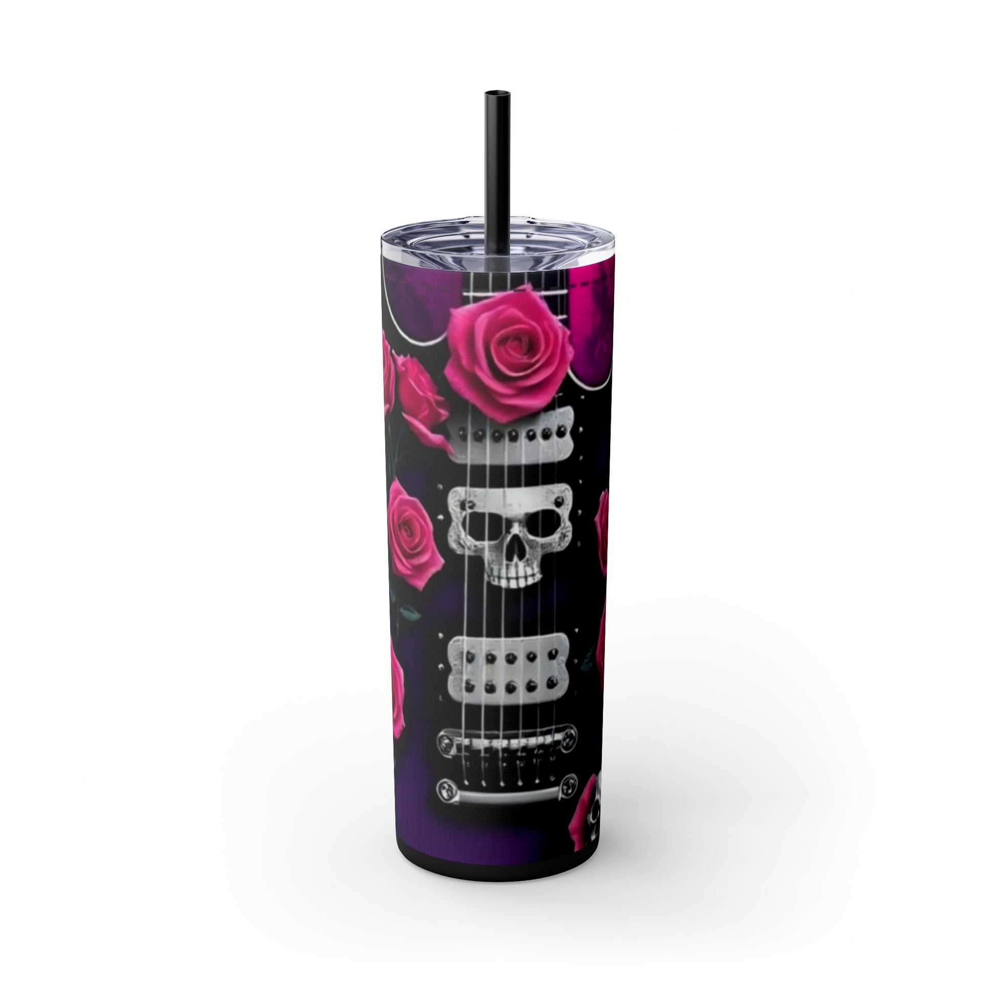 Series 4 of 4 - VIBRAINT Purple Guitar with Skulls and Pink Roses,Skinny Tumbler with Straw, 20oz - Rock n Royalty Designs