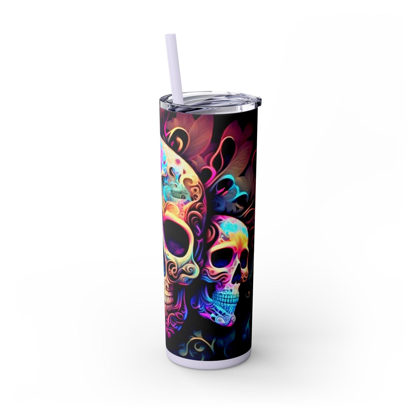 Vibraint Colorful Skulls -Skinny Tumbler with Straw, 20oz Printify