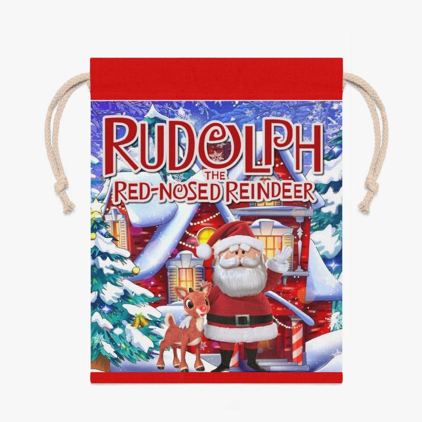 "Rudolph & Santa Christmas Linen Gift Bag | Festive Holiday Decor"