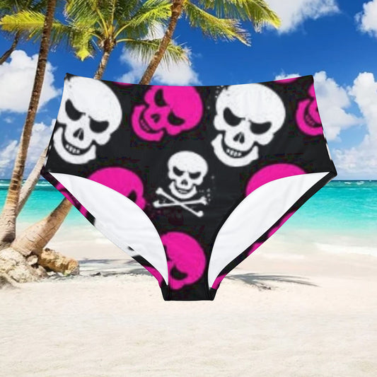 PINK BLK WHT SKULL - High-Waist Hipster Bikini Bottom (AOP) - Rock n Royalty Designs