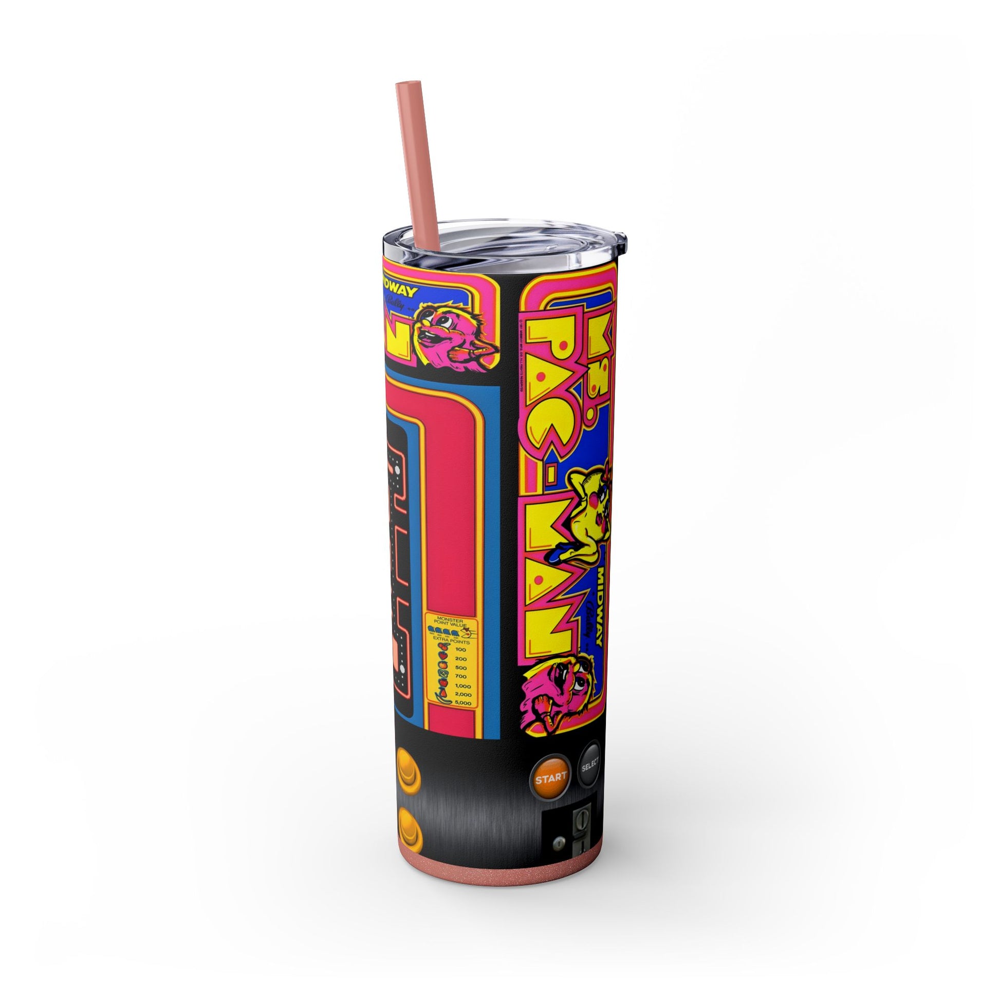 MS PACMAN ARCADE GAME - Skinny Tumbler with Straw, 20oz - Rock n Royalty Designs