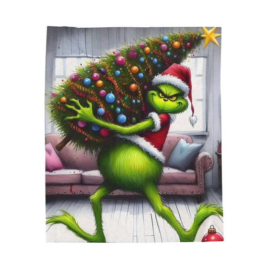 "Grinch Christmas Velveteen Plush Blanket - Holiday Throw with Stealing Tree Design"