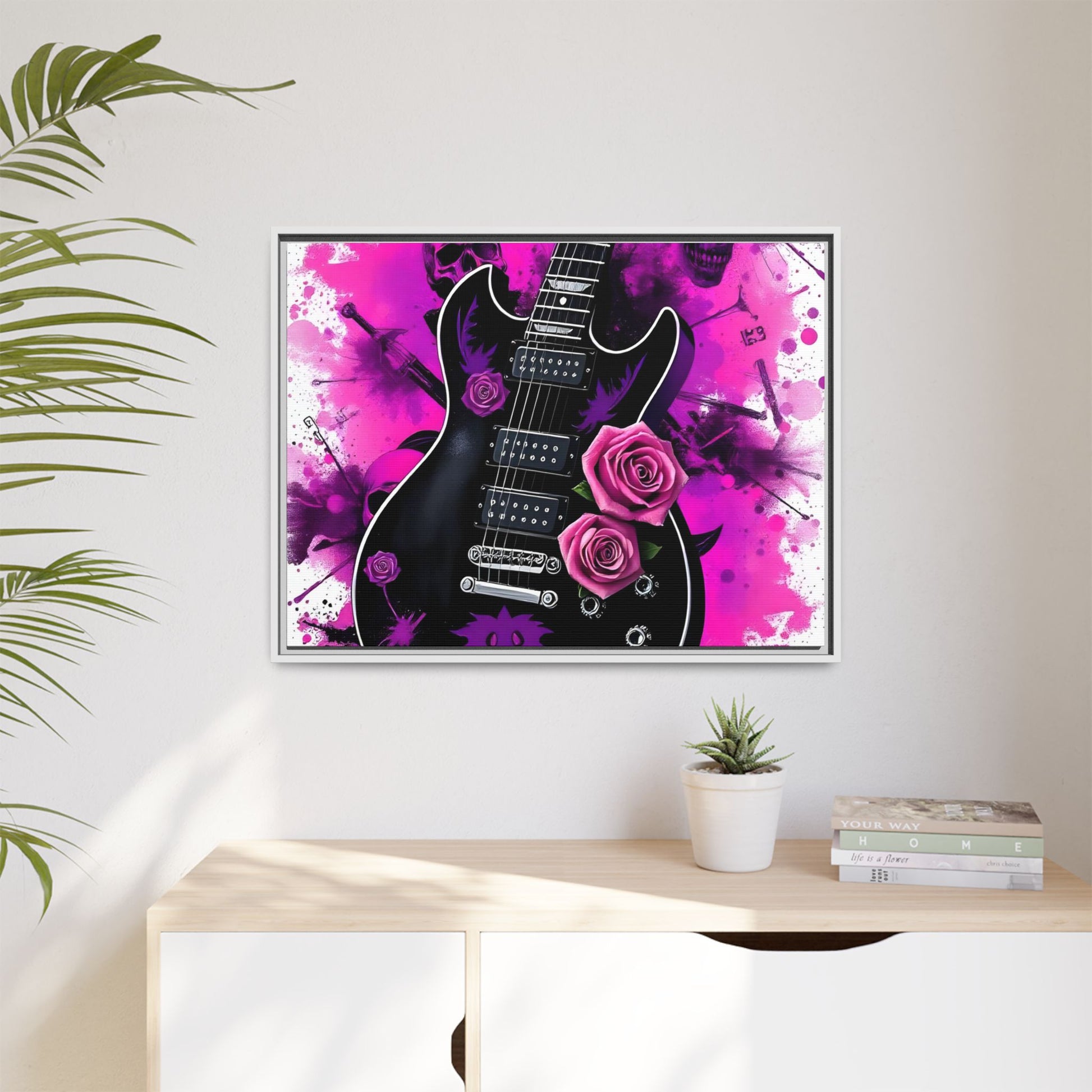 Canvas Art Print 1 of 4 - VIBRAINT Purple Guitar with Skulls and Pink Roses - Rock n Royalty Designs