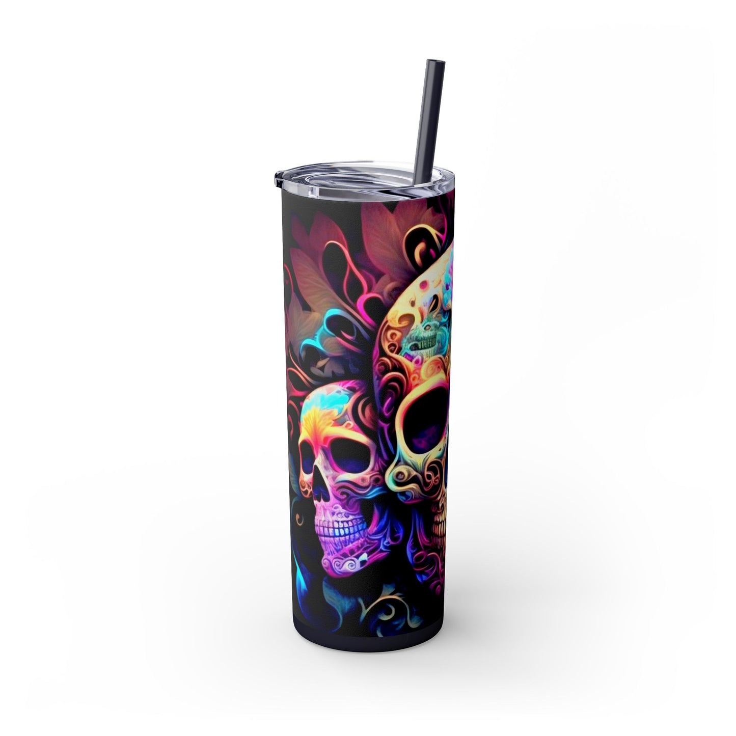 Vibraint Colorful Skulls -Skinny Tumbler with Straw, 20oz Printify