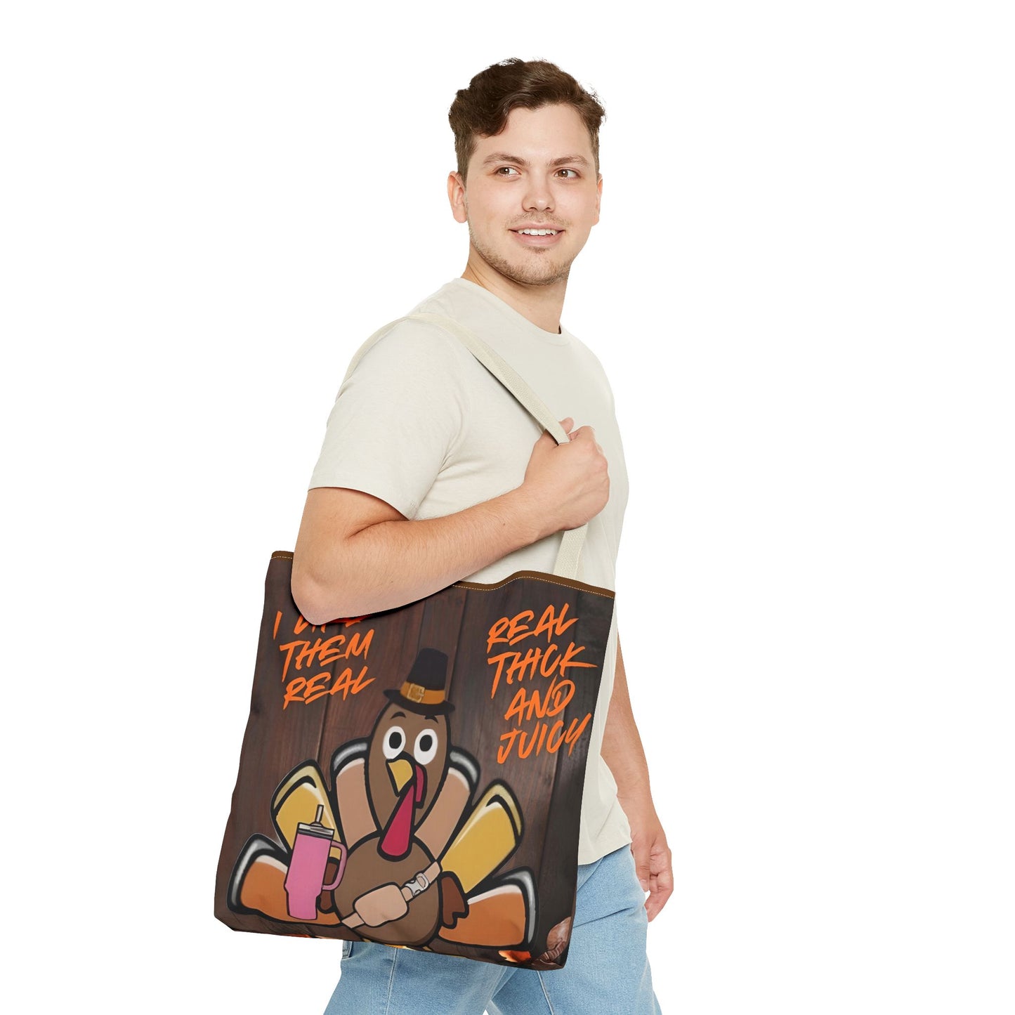 "Real Thick and Juicy Turkey Thanksgiving Tote Bag | Funny Holiday Shopping Bag" Printify