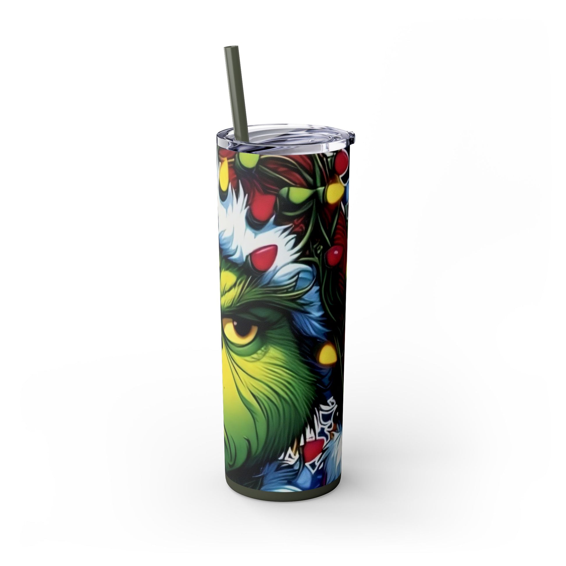 Mad Grinch Face Skinny Tumbler with Straw, 20oz Printify