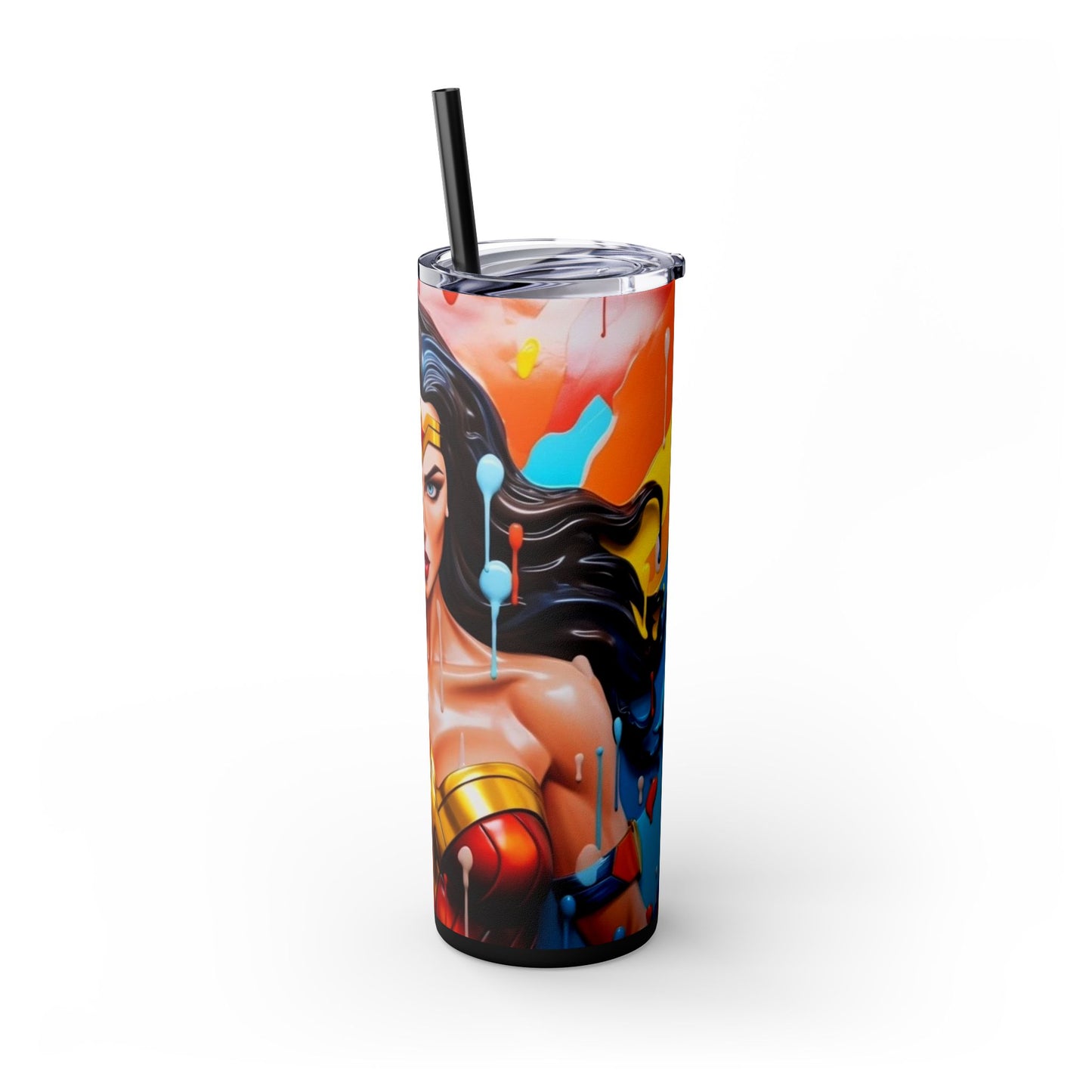 "Wonder Woman Skinny Tumbler with Straw, 20oz - Superhero Fan Art Drinkware" Printify