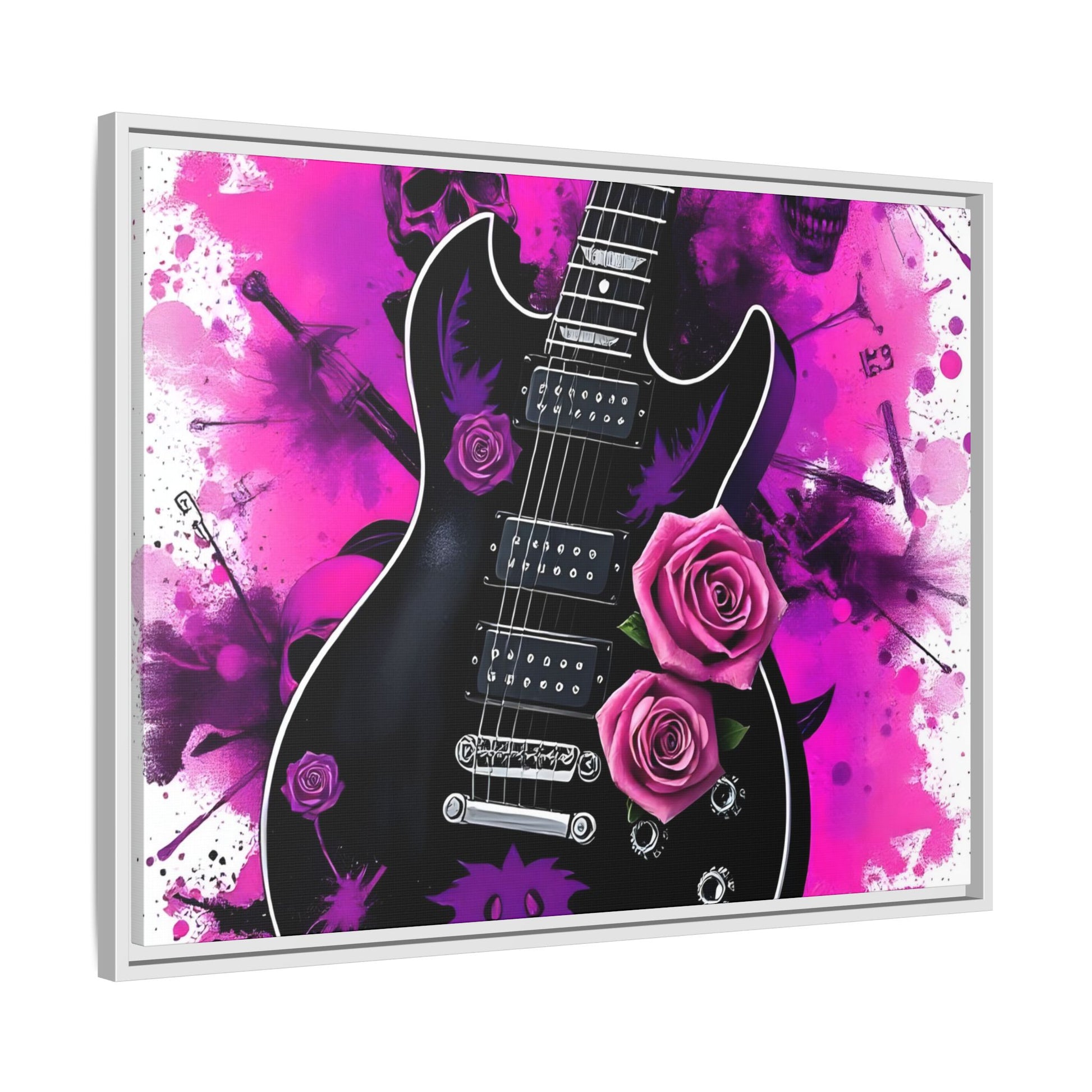 Canvas Art Print 1 of 4 - VIBRAINT Purple Guitar with Skulls and Pink Roses - Rock n Royalty Designs