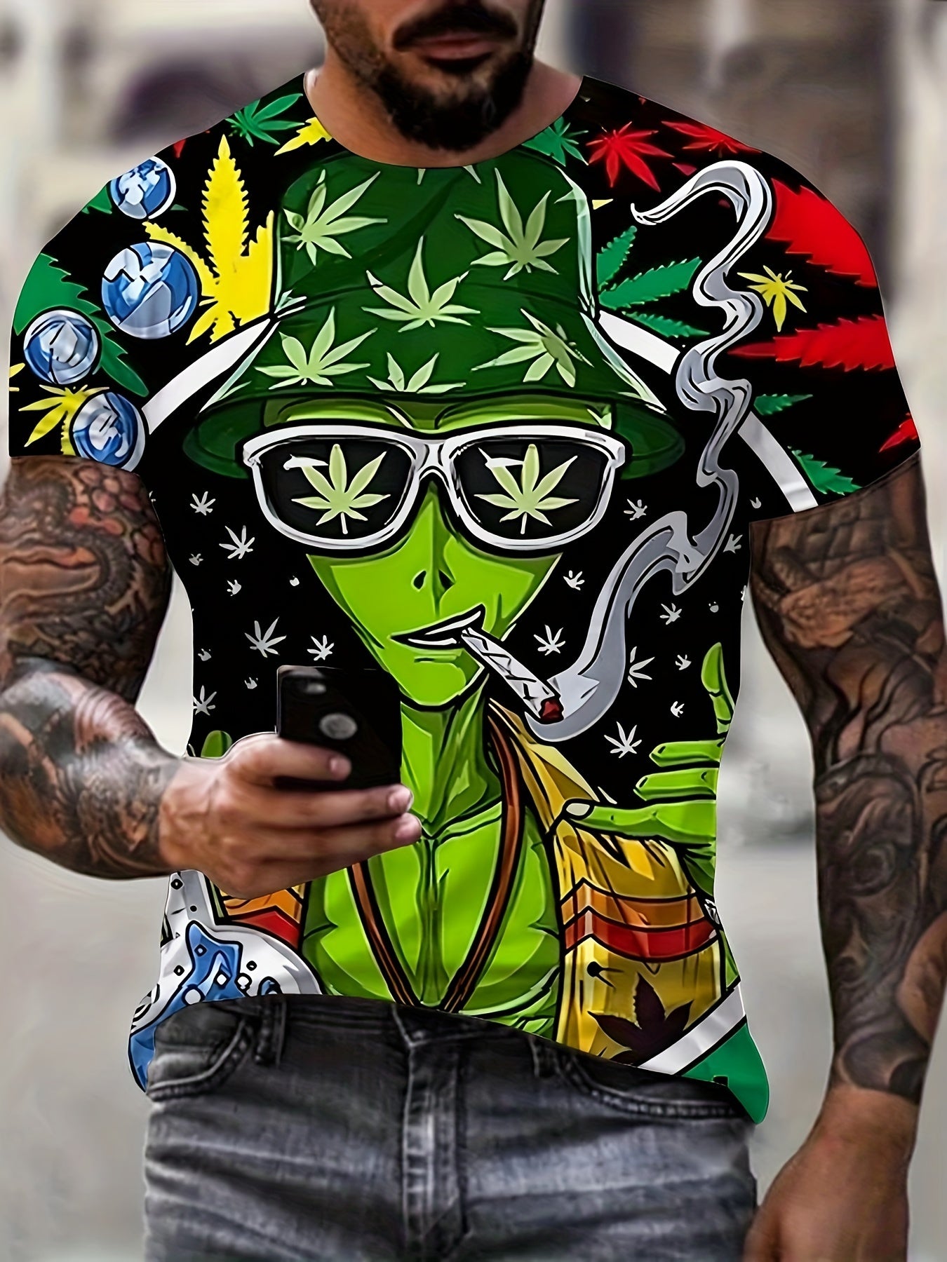 Novelty 3D Alien Maryjane Pattern Print Men's Crew Neck Short Sleeve T-shirt, Casual Summer T-Shirt For Daily Wear And Vacation Resorts - Rock n Royalty Designs