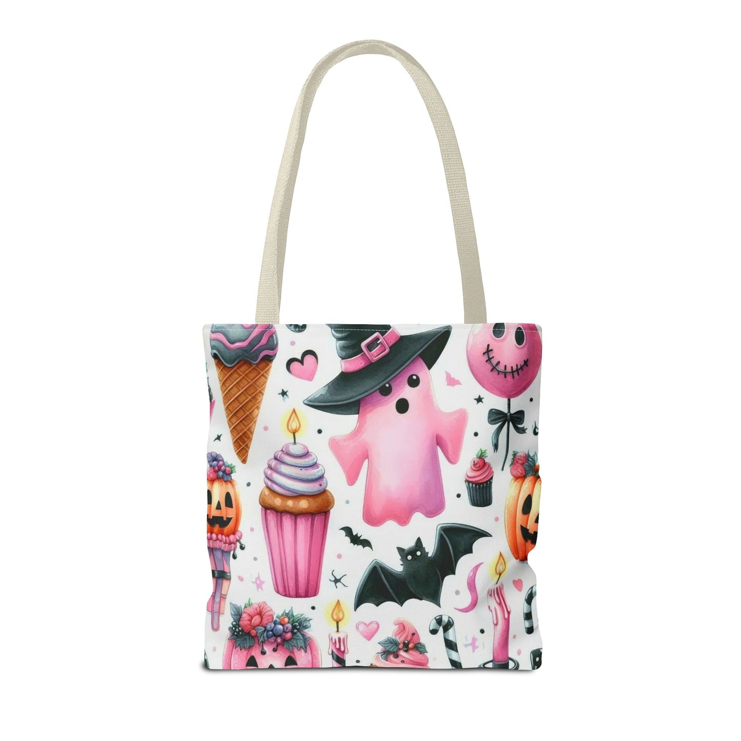 "Cute Halloween Tote Bag - Pink Ghost & Spooky Treats Design" Print Tote Bag Printify