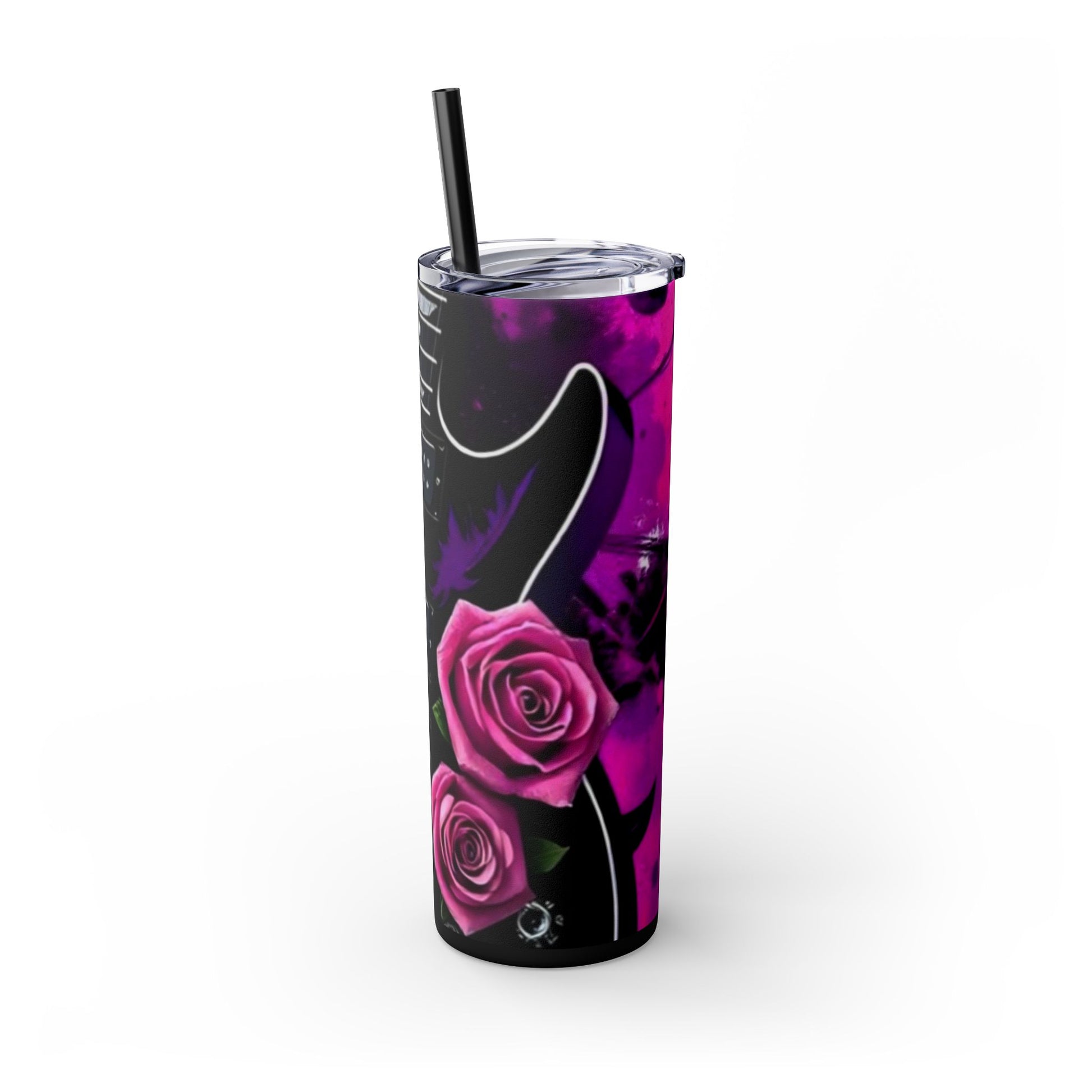 Series 1 of 4 - VIBRAINT Purple Guitar with Skulls and Pink Roses,Skinny Tumbler with Straw, 20oz - Rock n Royalty Designs