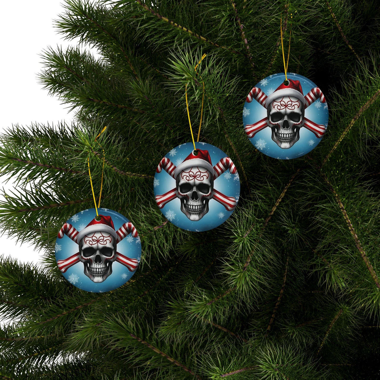 SKULL SANTA HAT - CANDY CANE CROSSBONES -Ceramic Ornaments, 2-Side Print, (1pc, 3pcs, 5pcs, 10pcs) - Rock n Royalty Designs