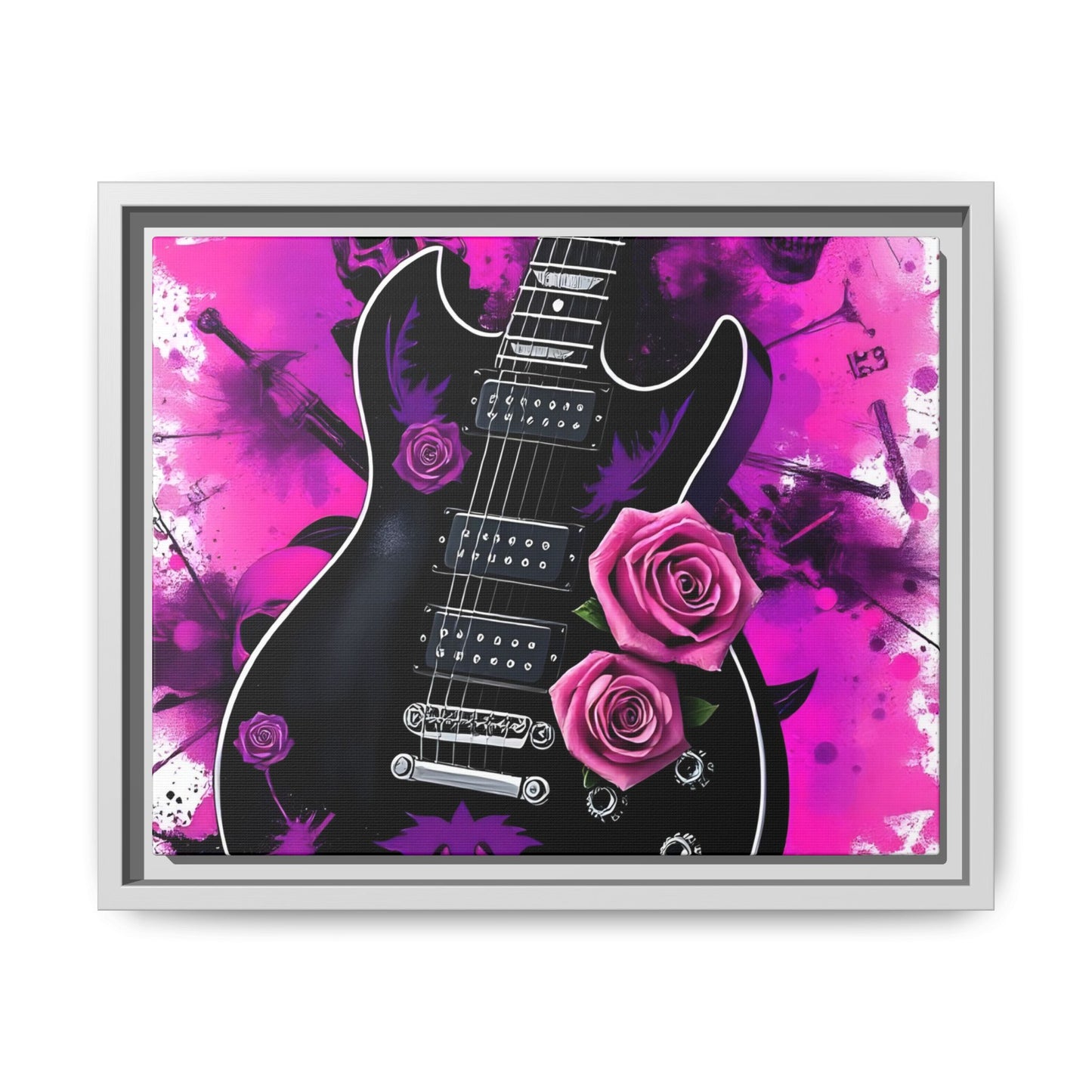 Canvas Art Print 1 of 4 - VIBRAINT Purple Guitar with Skulls and Pink Roses - Rock n Royalty Designs