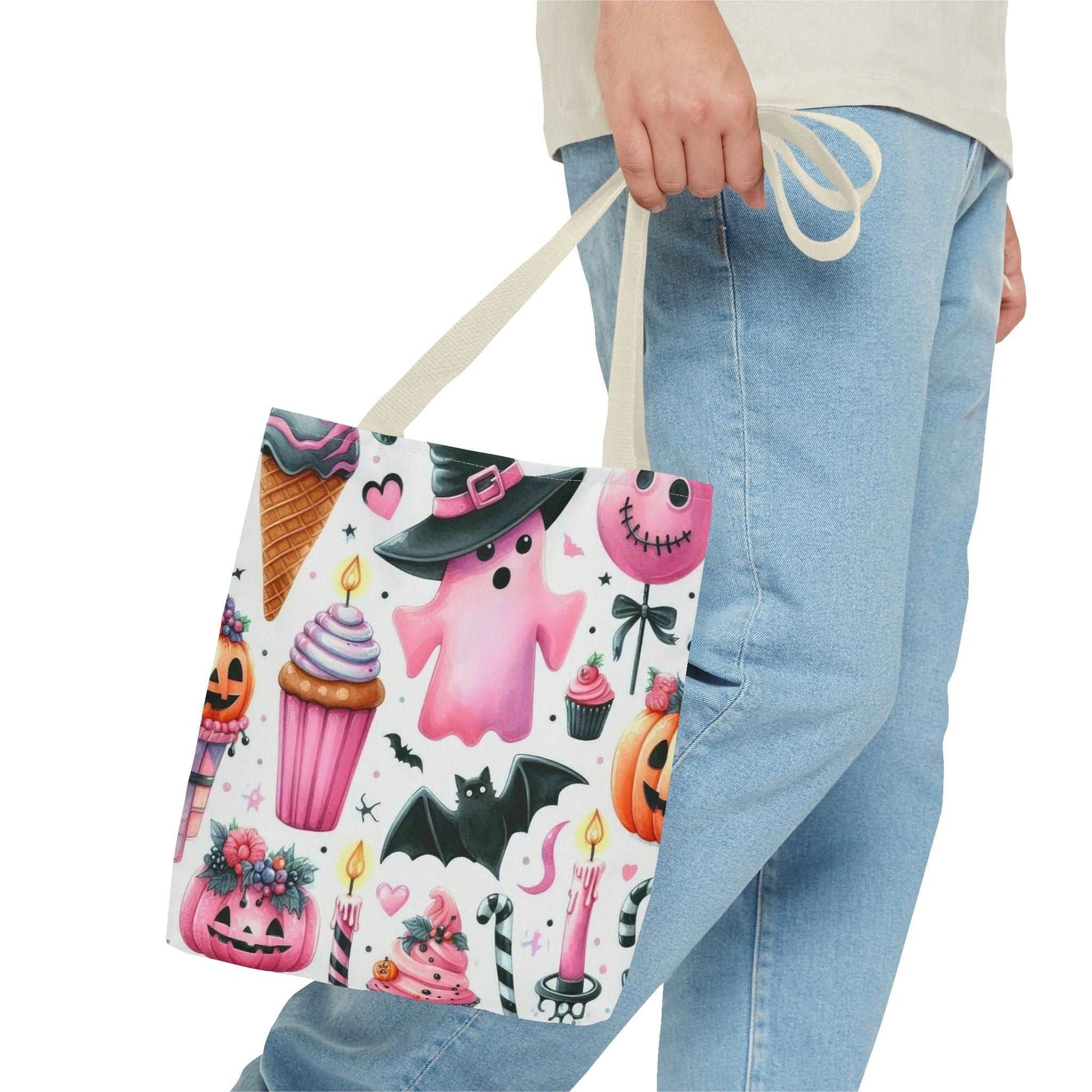 "Cute Halloween Tote Bag - Pink Ghost & Spooky Treats Design" Print Tote Bag