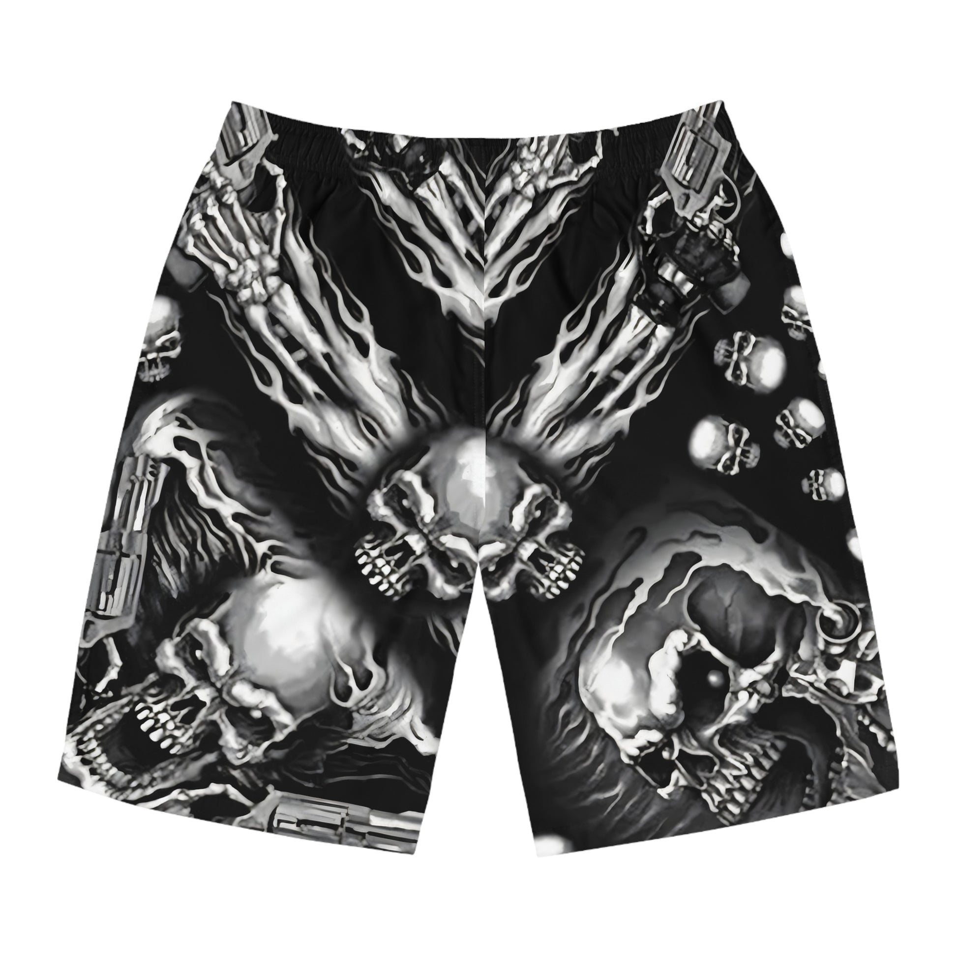 SiILVER SKULLS BLK BACK - Men's Board Shorts (AOP) - Rock n Royalty Designs