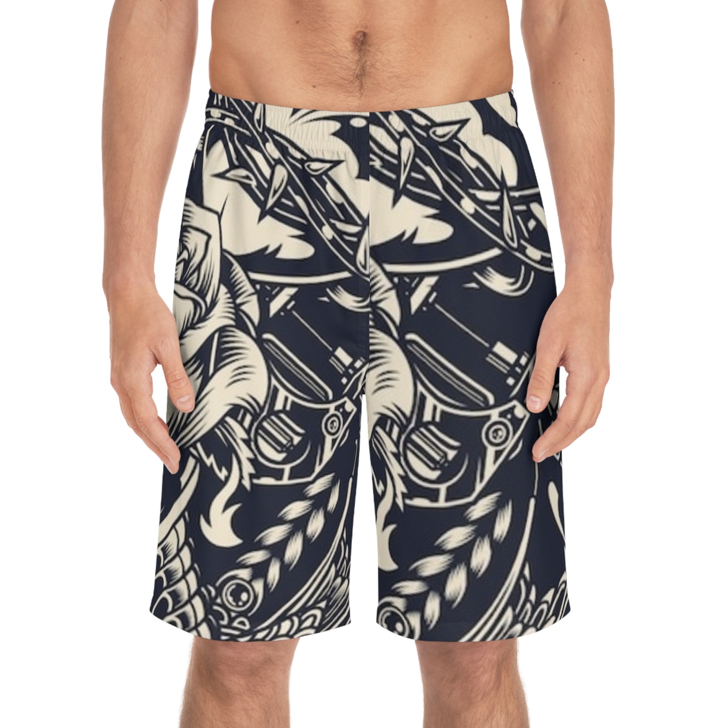 TATTOO GUN DESIGN FRONT BLK BACK - Men's Board Shorts (AOP) - Rock n Royalty Designs