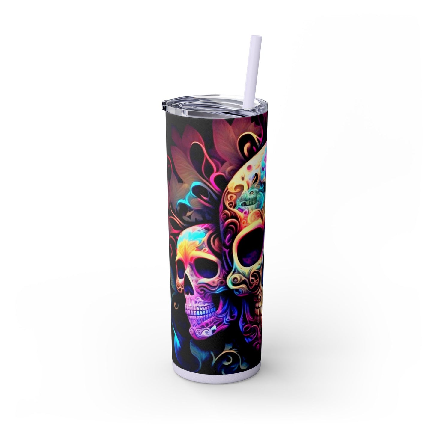 Vibraint Colorful Skulls -Skinny Tumbler with Straw, 20oz Printify